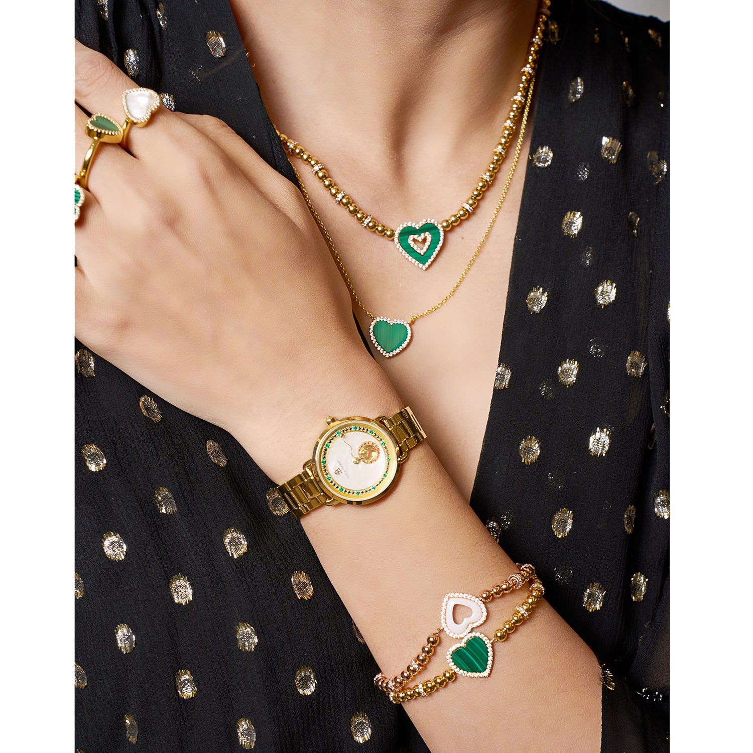 Love heart love Bracelet Brass 18K Gold Plating & Green Heart Malachite