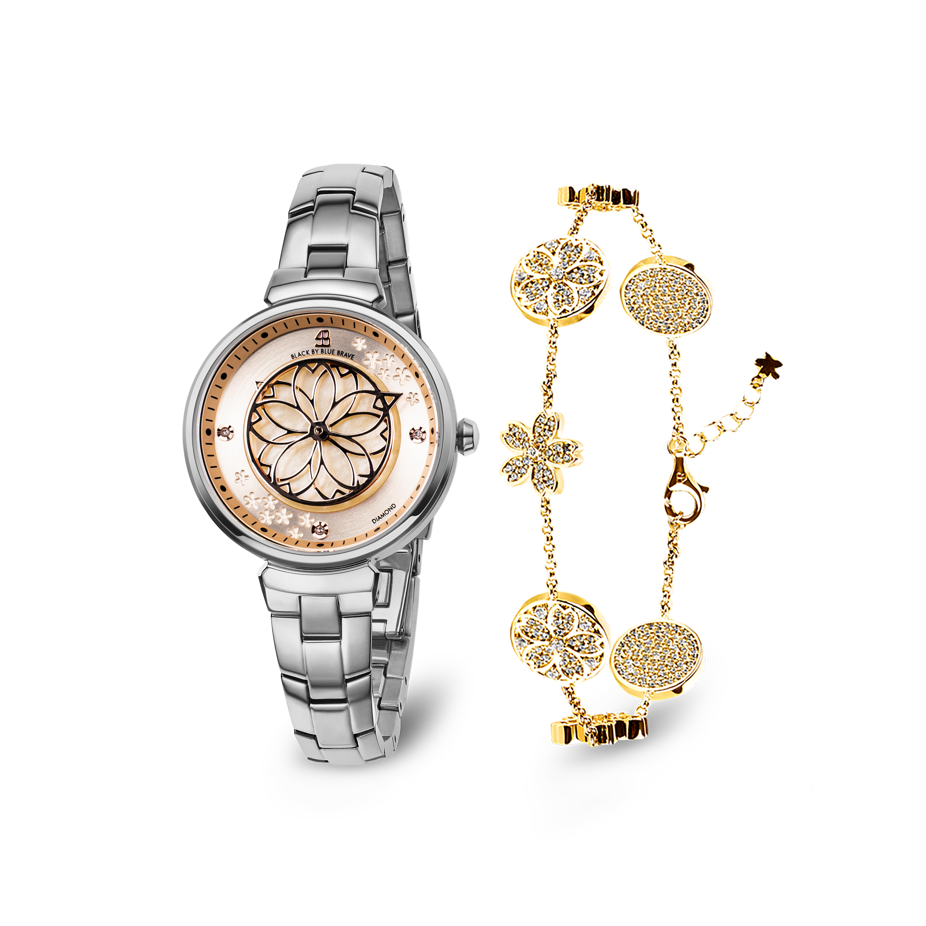 Champagne Cherry Blossom Silver Bracelet Watch With Gold Cherry Blossom Symphony Bracelet