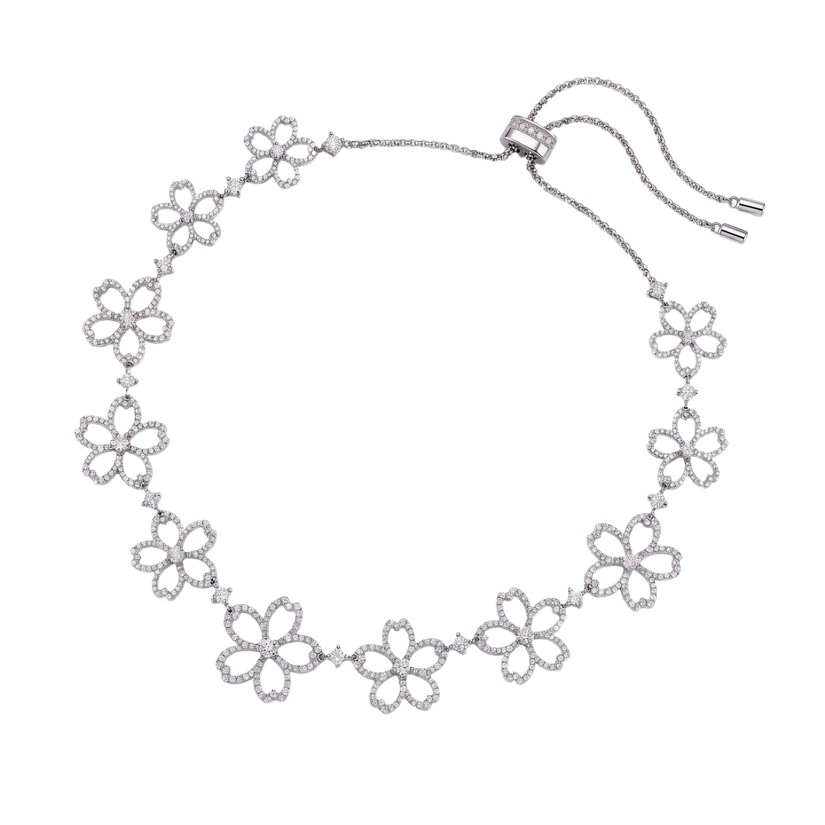 Cherry Blossom Cascade 11-Flower Sakura Zirconia Silver Necklace (Platinum Plated)