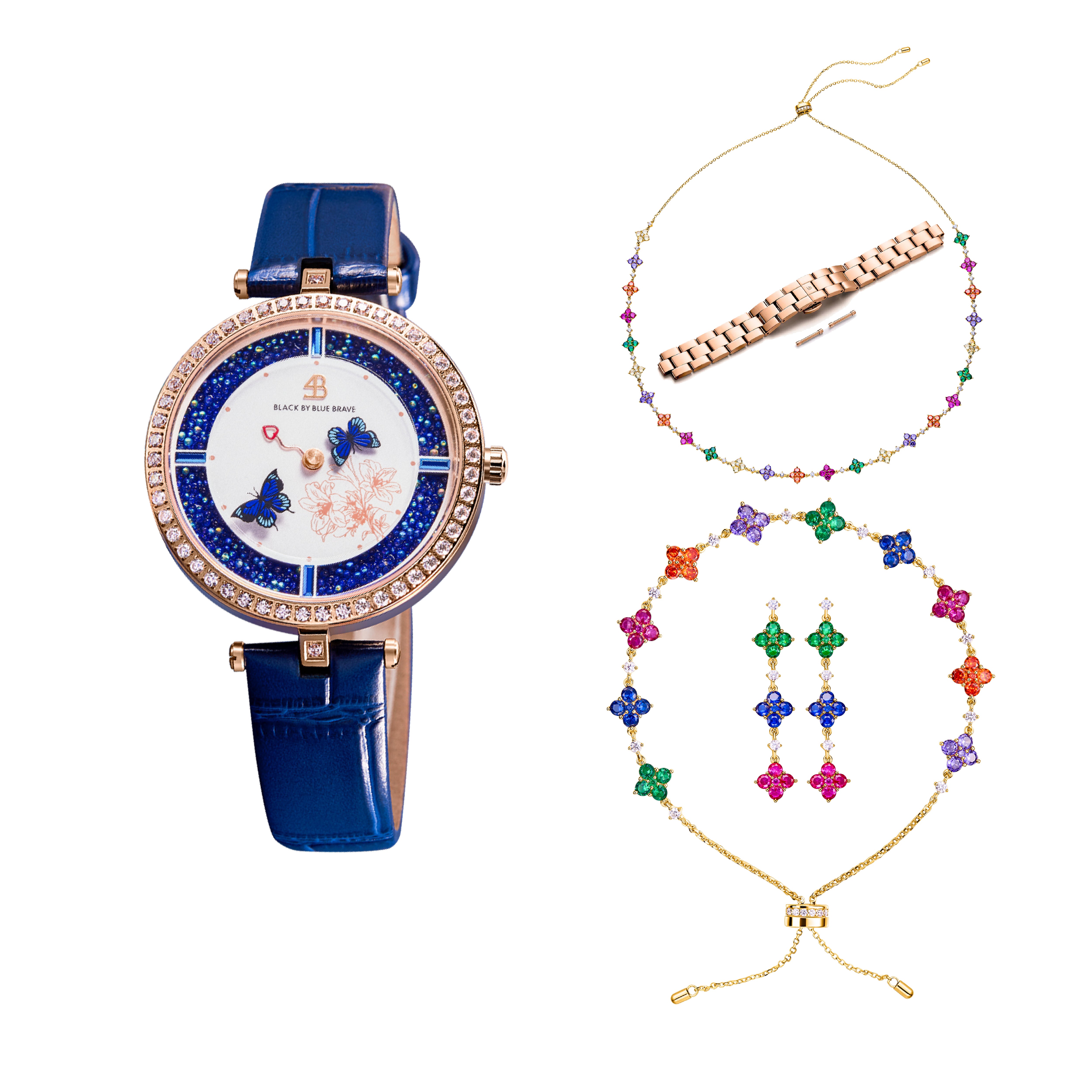 Blue Butterfly Lovers Watch With Butterfly Lovers Clover Bracelet & Necklace & Earrings & Watch Bracelet
