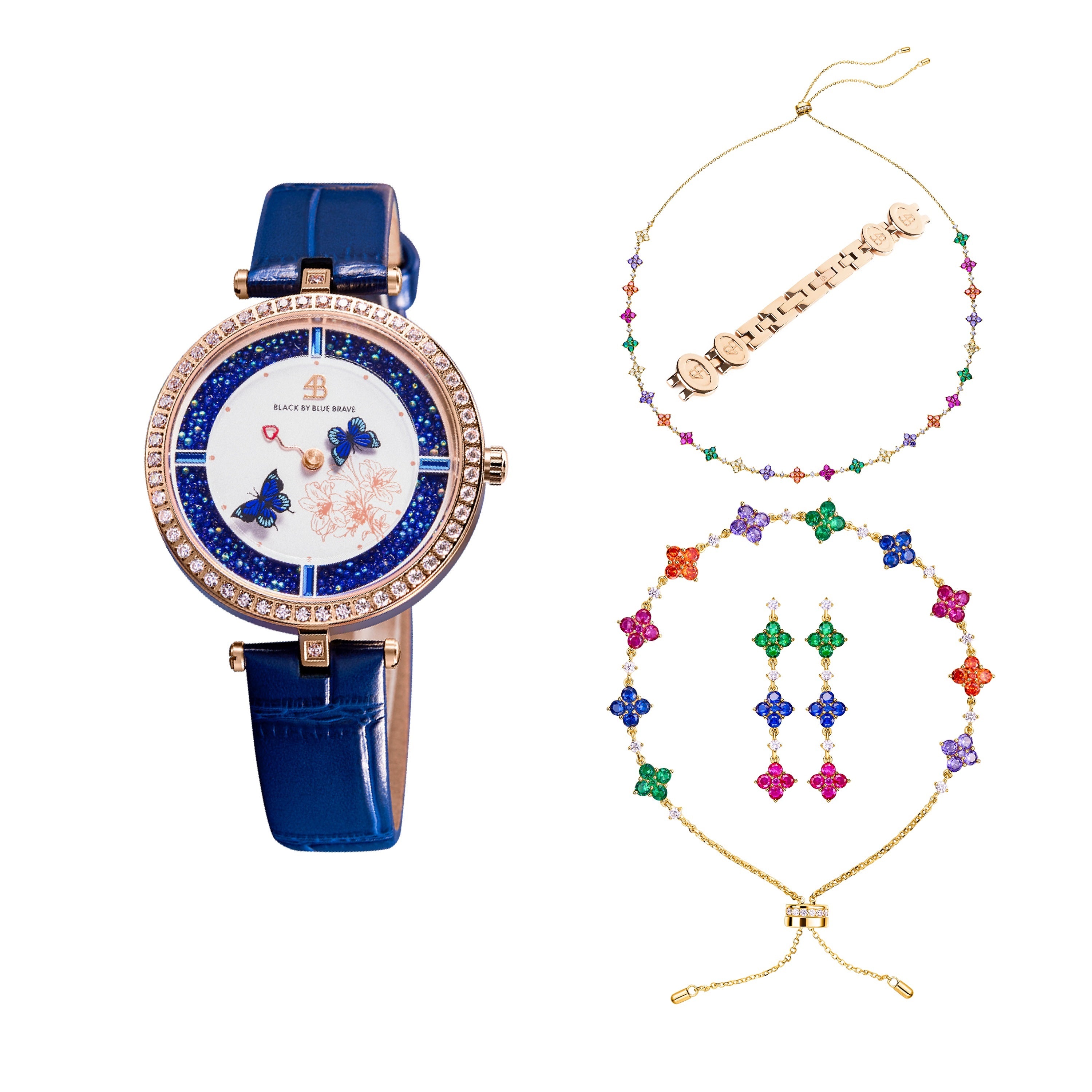 Blue Butterfly Lovers Watch With Butterfly Lovers Clover Bracelet & Necklace & Earrings & Watch Bracelet