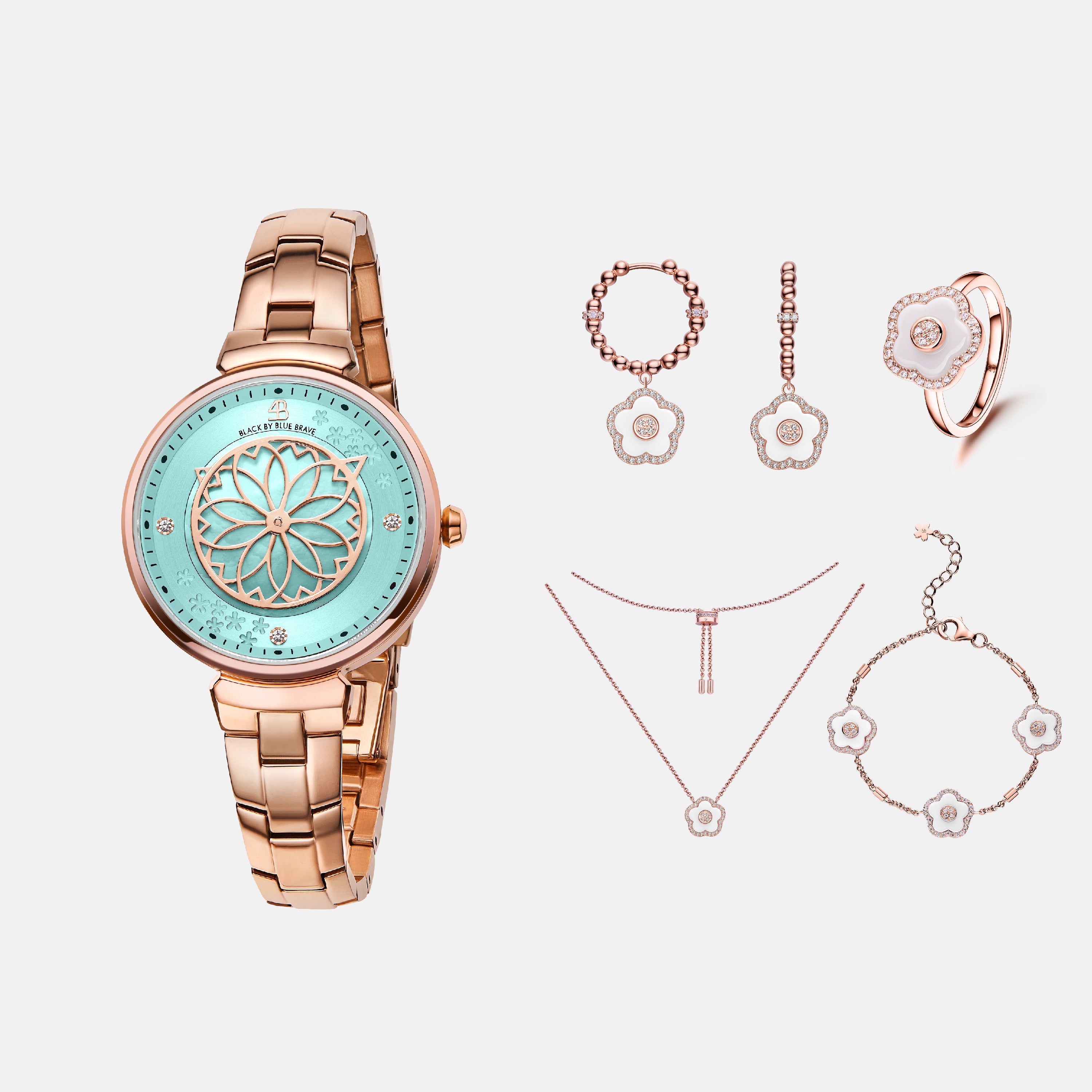 BLUE CHERRY BLOSSOM WATCH WITH FLOWER CERAMIC JEWELLERIES（EARRINGS & BRACELET & NECKLACE & RING）