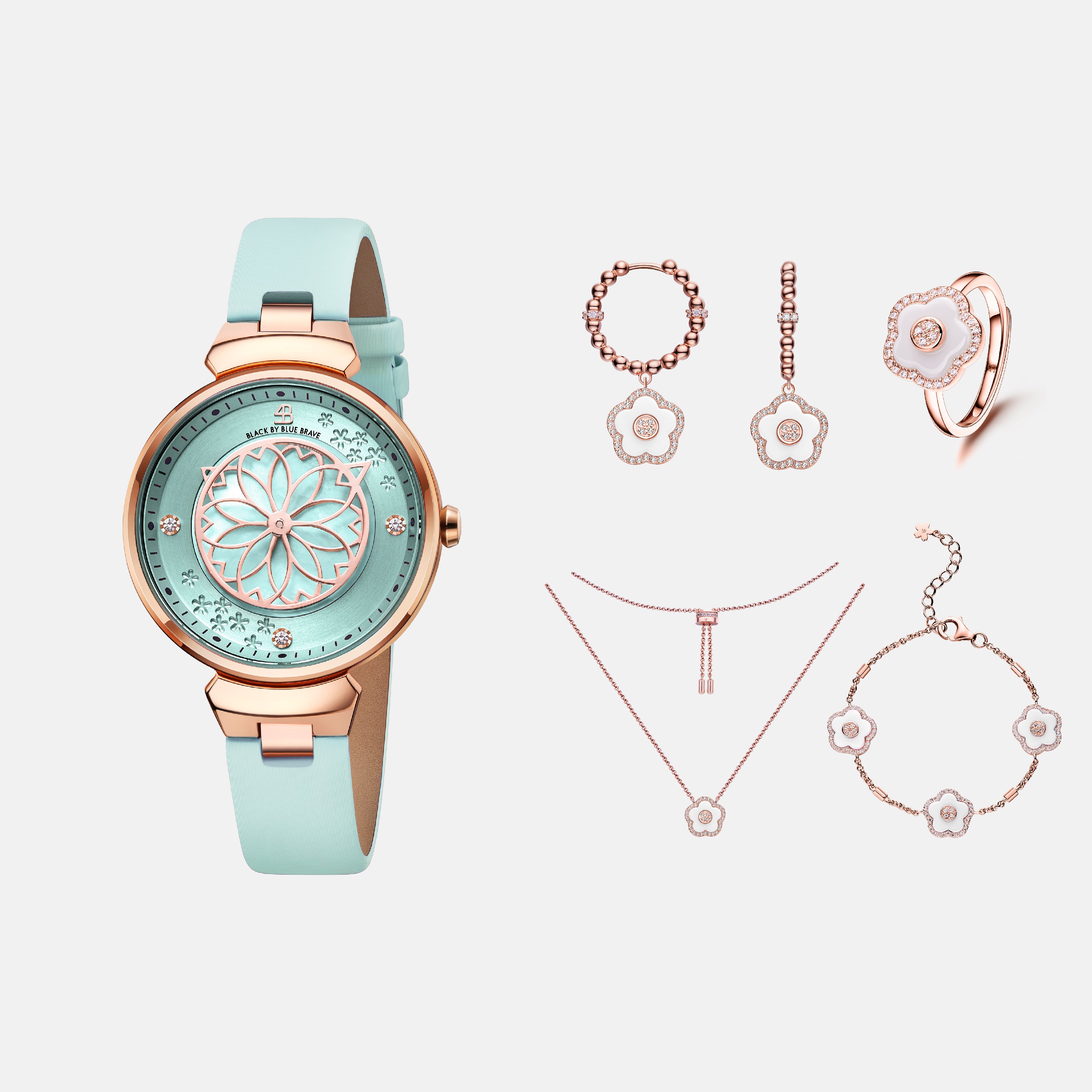 BLUE CHERRY BLOSSOM WATCH WITH FLOWER CERAMIC  JEWELLERIES（EARRINGS & BRACELET & NECKLACE & RING）