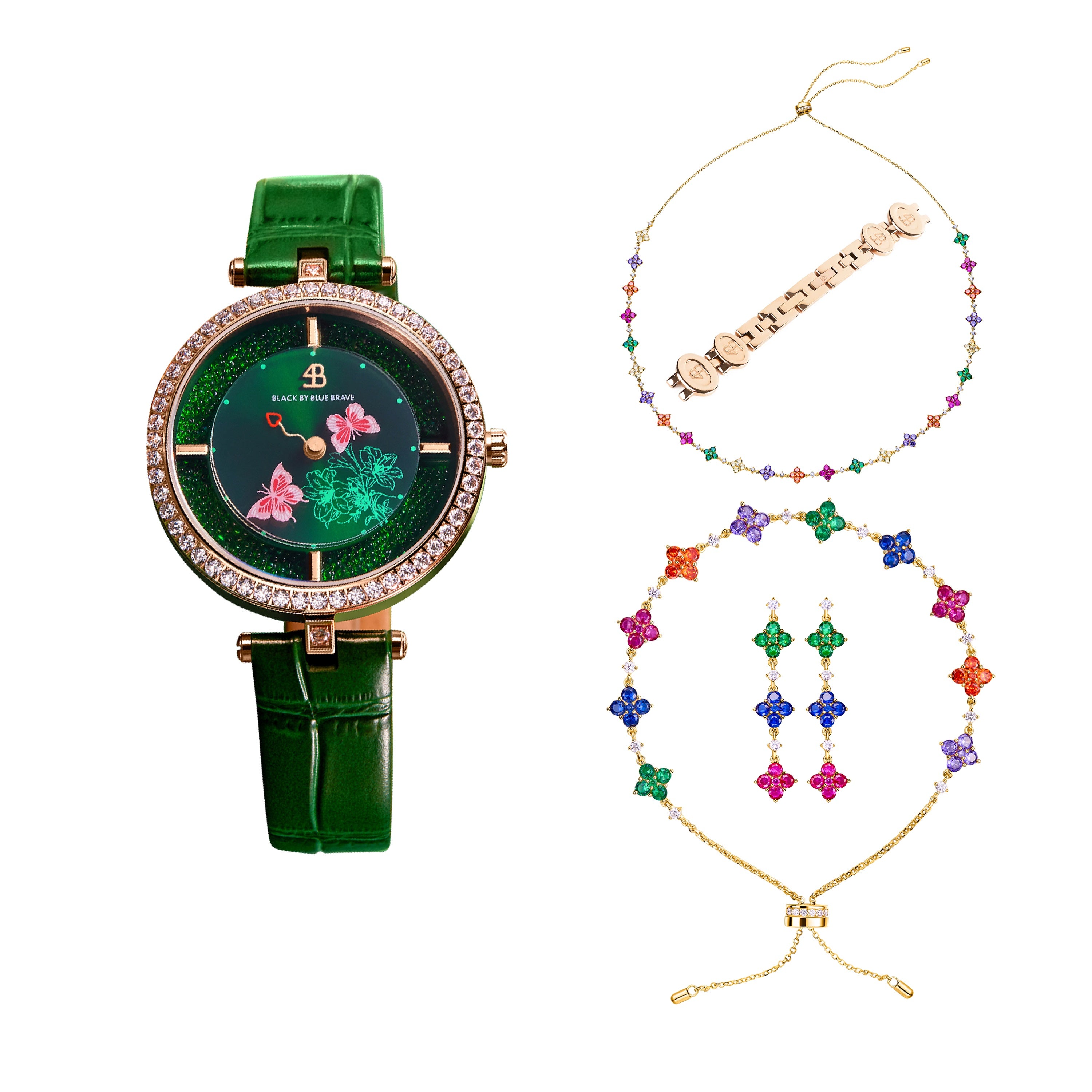 Green Butterfly Lovers Watch With Butterfly Lovers Clover Bracelet & Necklace & Earrings & Watch Bracelet