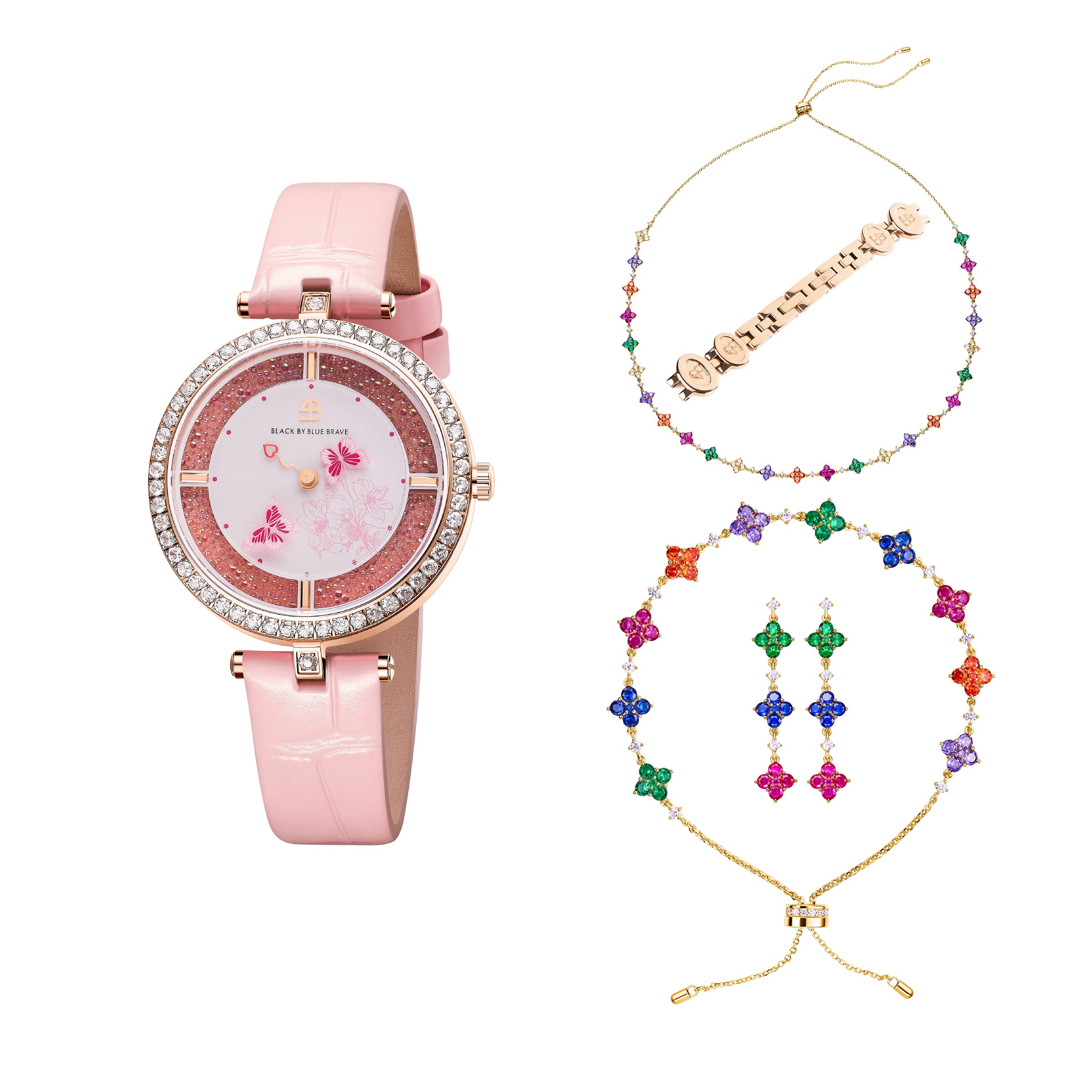 Pink Butterfly Lovers Watch With Butterfly Lovers Clover Bracelet & Necklace & Earrings & Watch Bracelet
