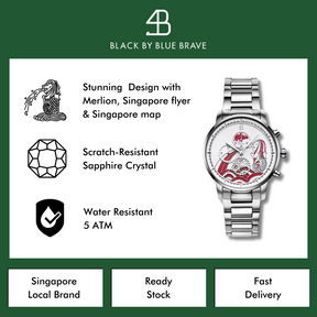 MERLION WATCH (SILVER WITH RED ACCENTS) - BLACK BY BLUE BRAVE