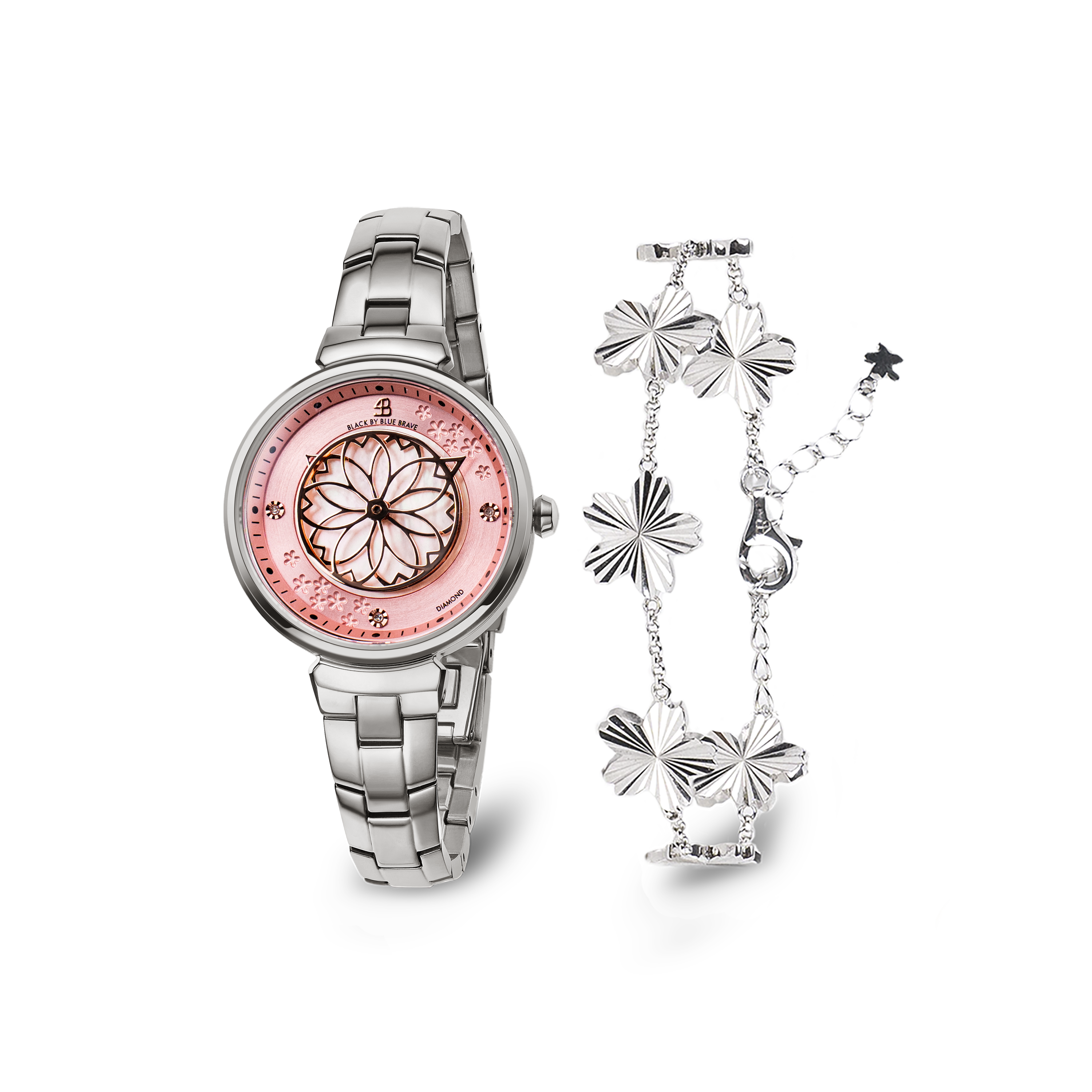 Pink Cherry Blossom Silver Bracelet Watch With Silver Cherry Blossom Gleam Bracelet