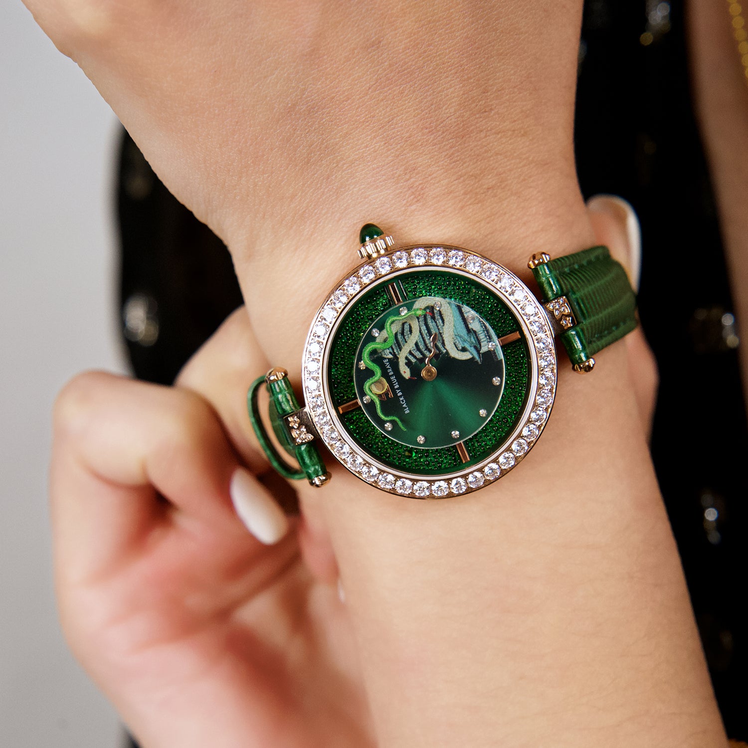 12 Zodiac Collection - Snake Watch 34mm (Green Dial with Moving Snake Hands and Leather Strap) - 4B06GL - wrist - Black By Blue Brave