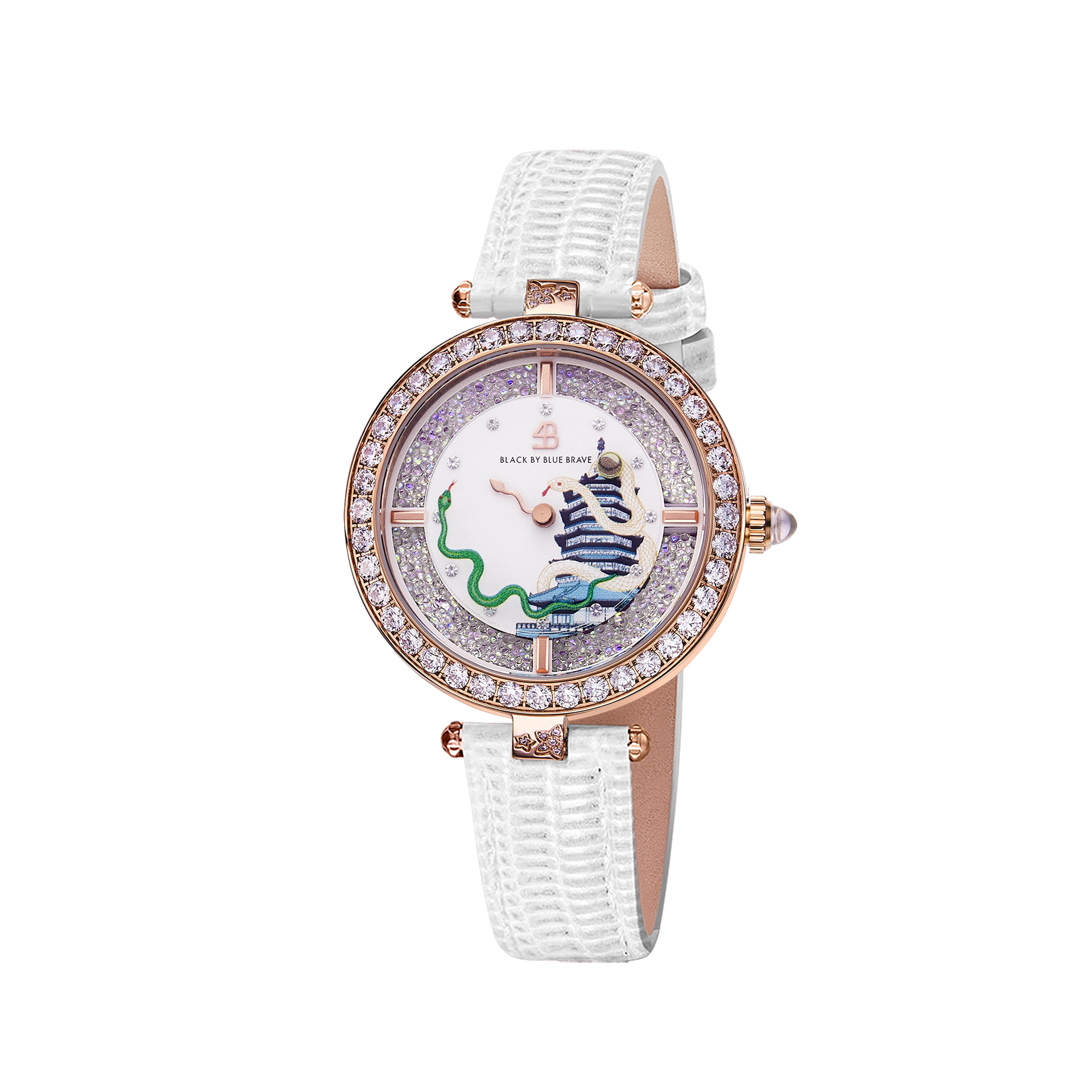 12 Zodiac Collection - Snake Watch 34mm (White Dial with Moving Snake Hands and Leather Strap) - 4B06WL - front - Black By Blue Brave