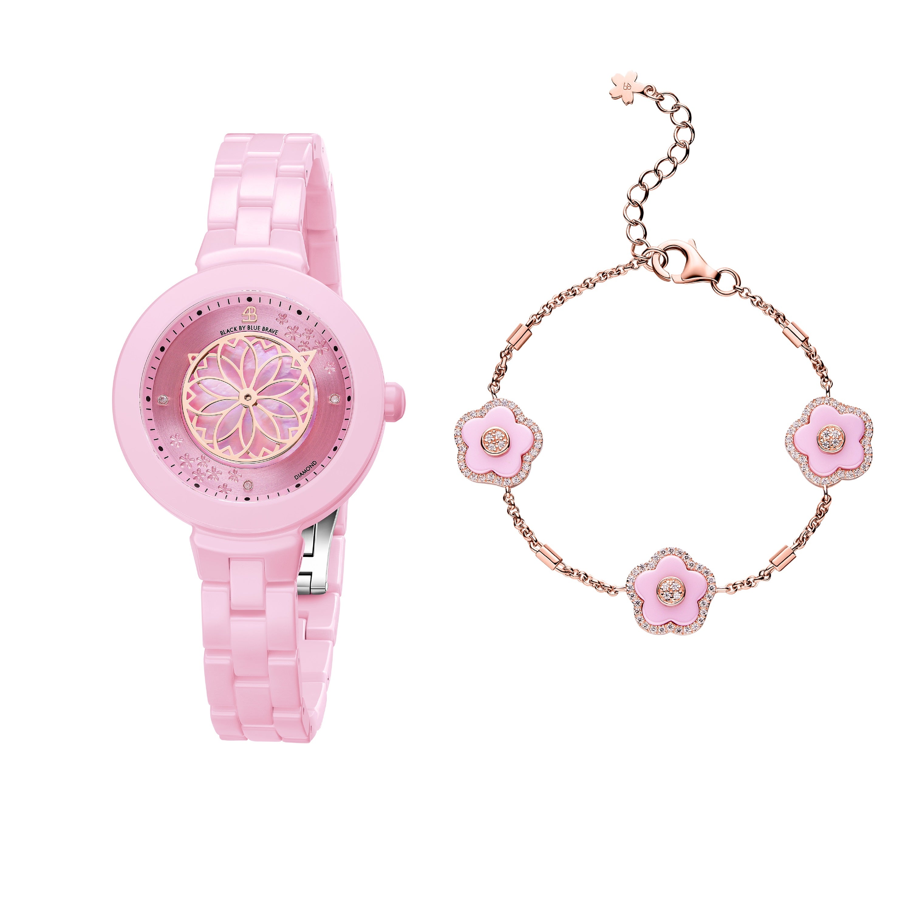 Pink Diamond Cherry Blossom Ceramic Watch With Flower Ceramic Bracelet