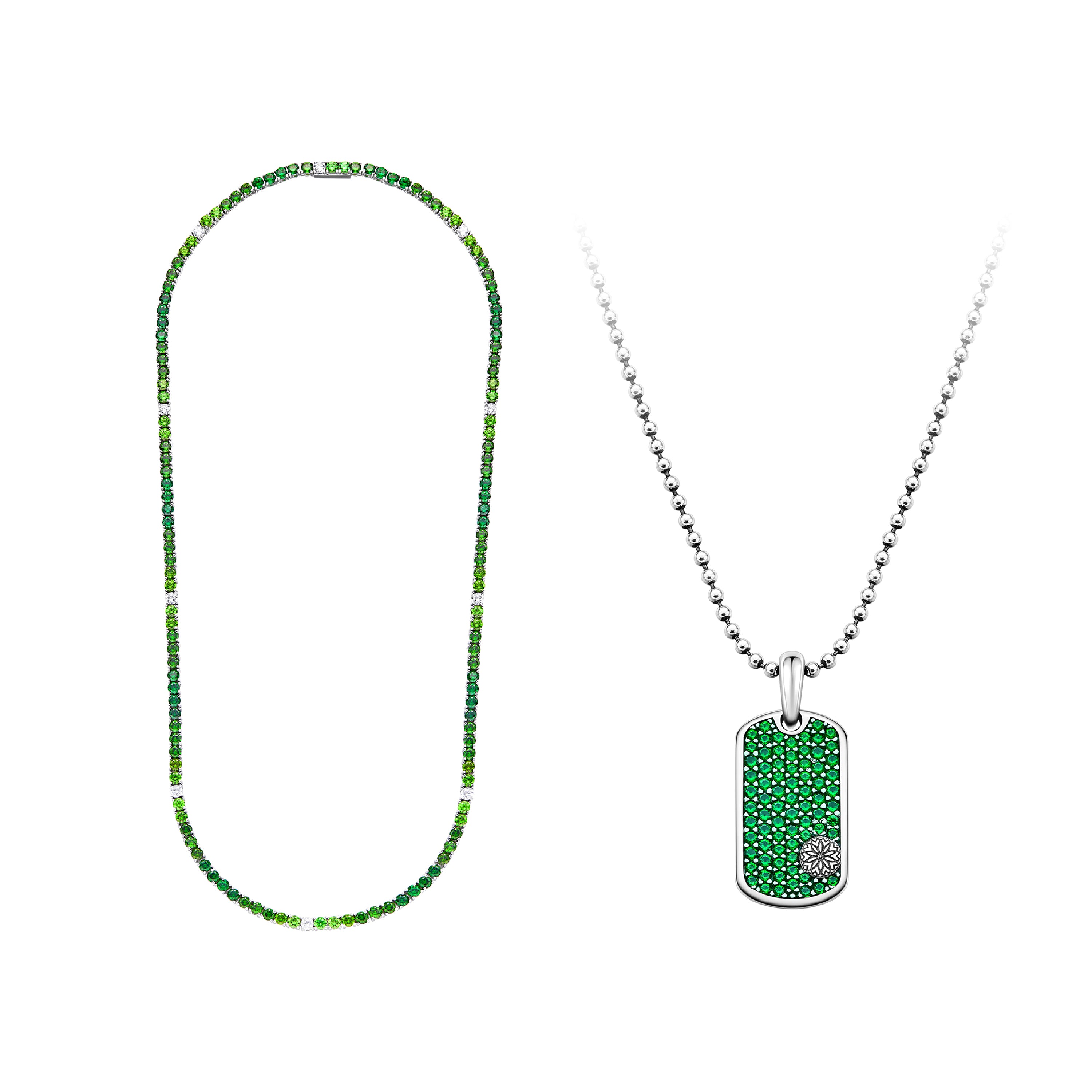 GREEN BRAVE TENNIS NECKLACE & GREEN CHERRY BLOSSOM TAG NECKLACE