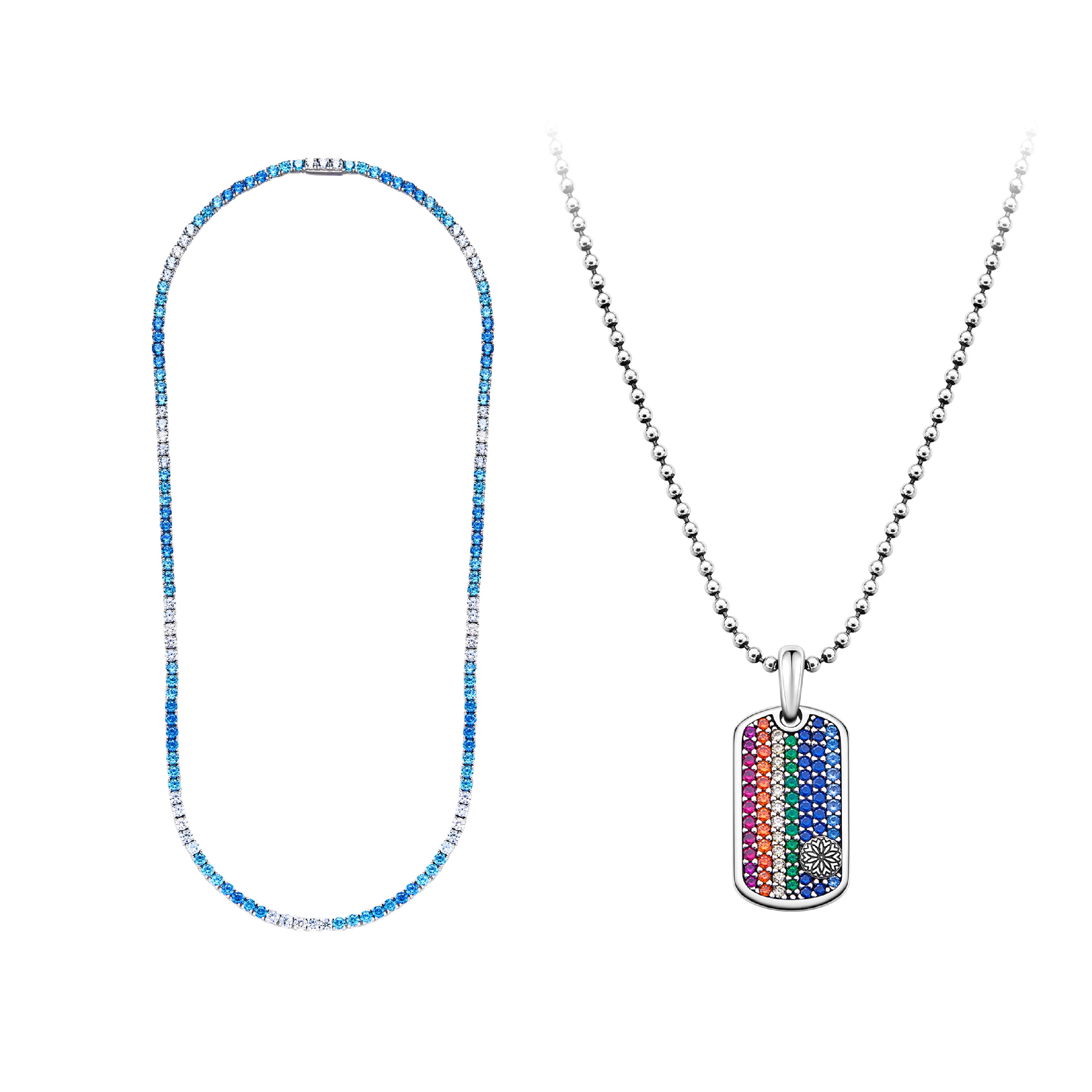 BLUE BRAVE TENNIS NECKLACE & RAINBOW CHERRY BLOSSOM TAG NECKLACE