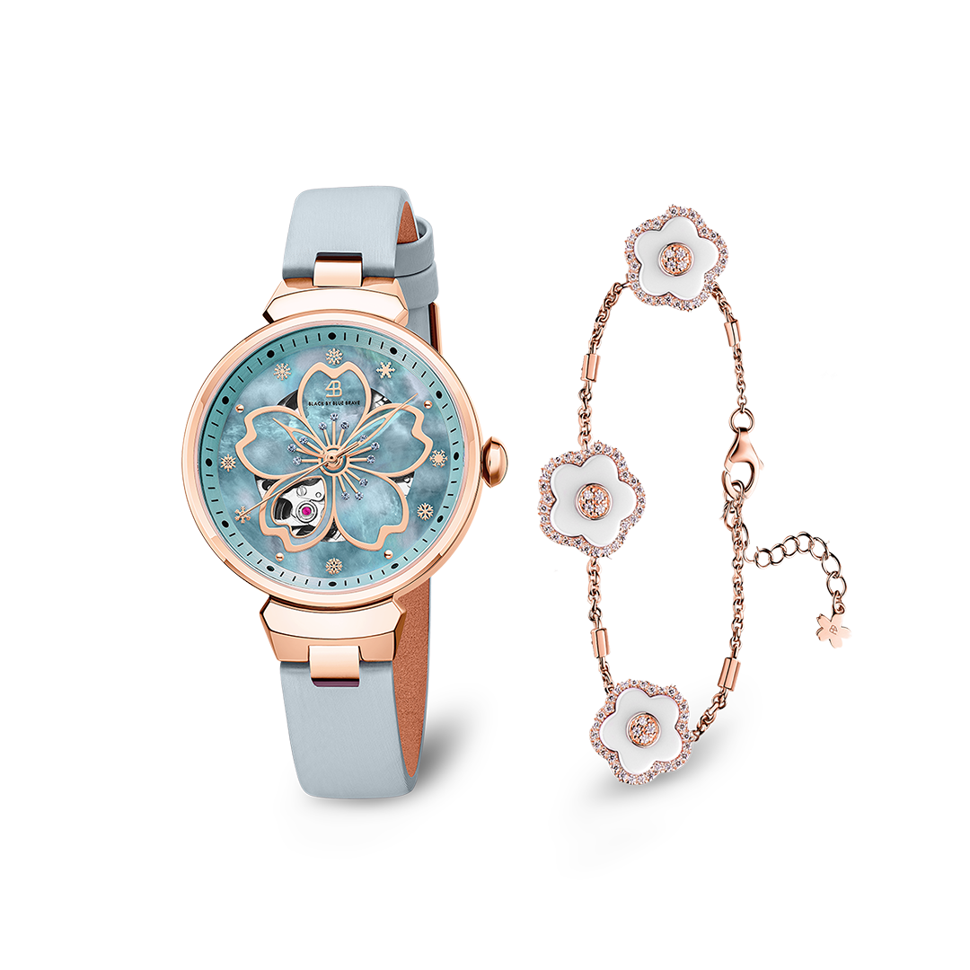 Blue Cherry Blossom Automatic Watch With Ceramic Flowers Bracelet