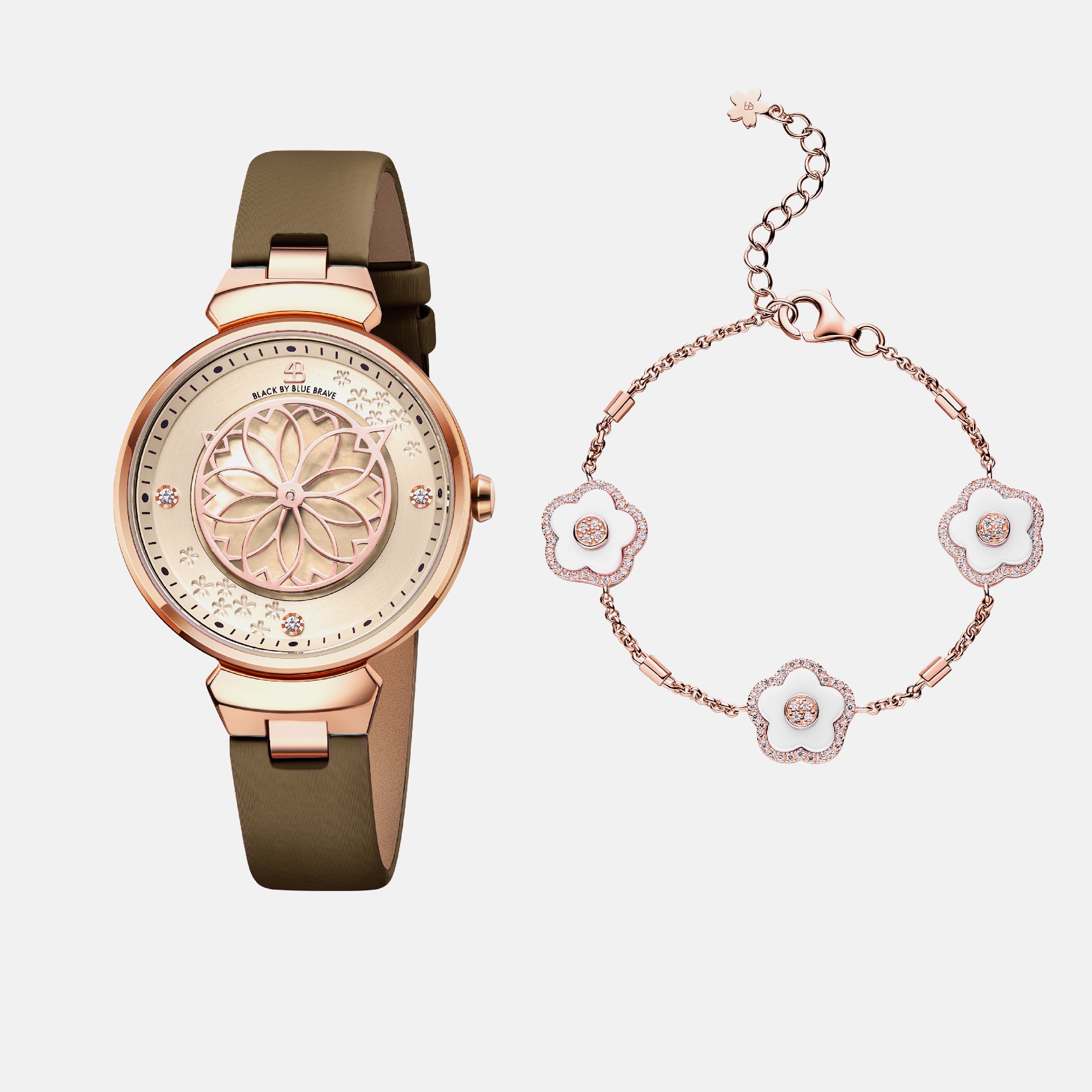 CHAMPAGNE CHERRY BLOSSOM WATCH WITH ROSEGOLD BRACELET & WHITE CERAMIC