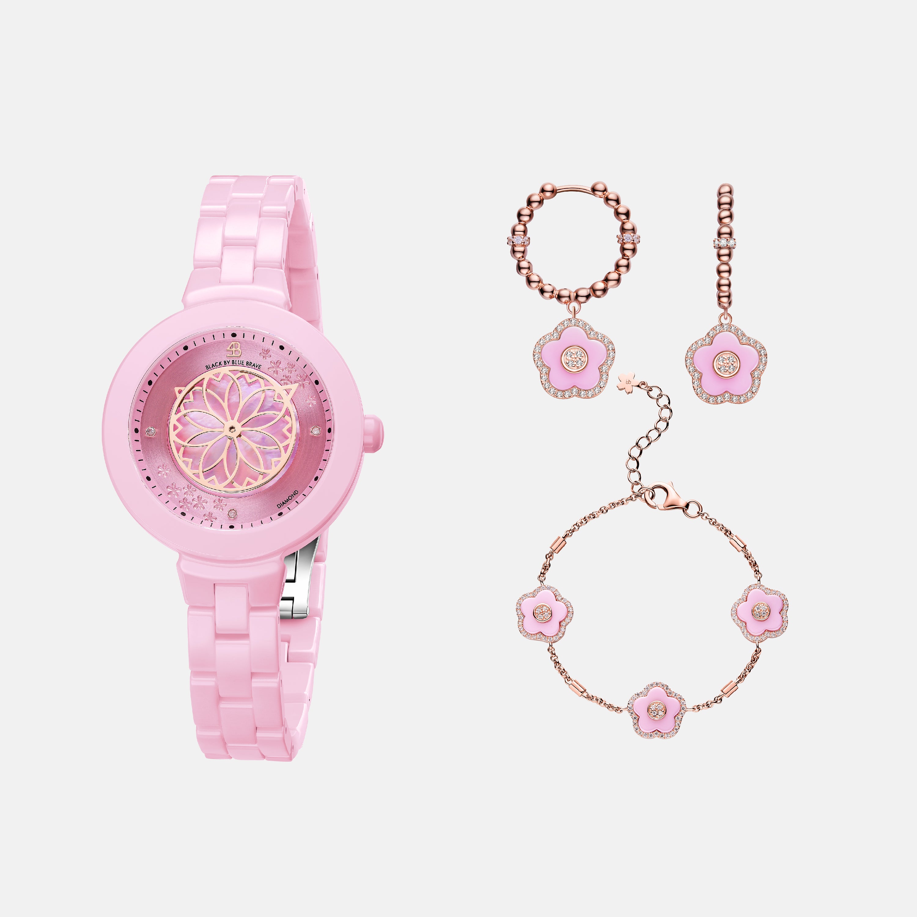 PINK DIAMOND CHERRY BLOSSOM CERAMIC WATCH WITH FLOWER CERAMIC  JEWELLERIES（EARRINGS & BRACELET）