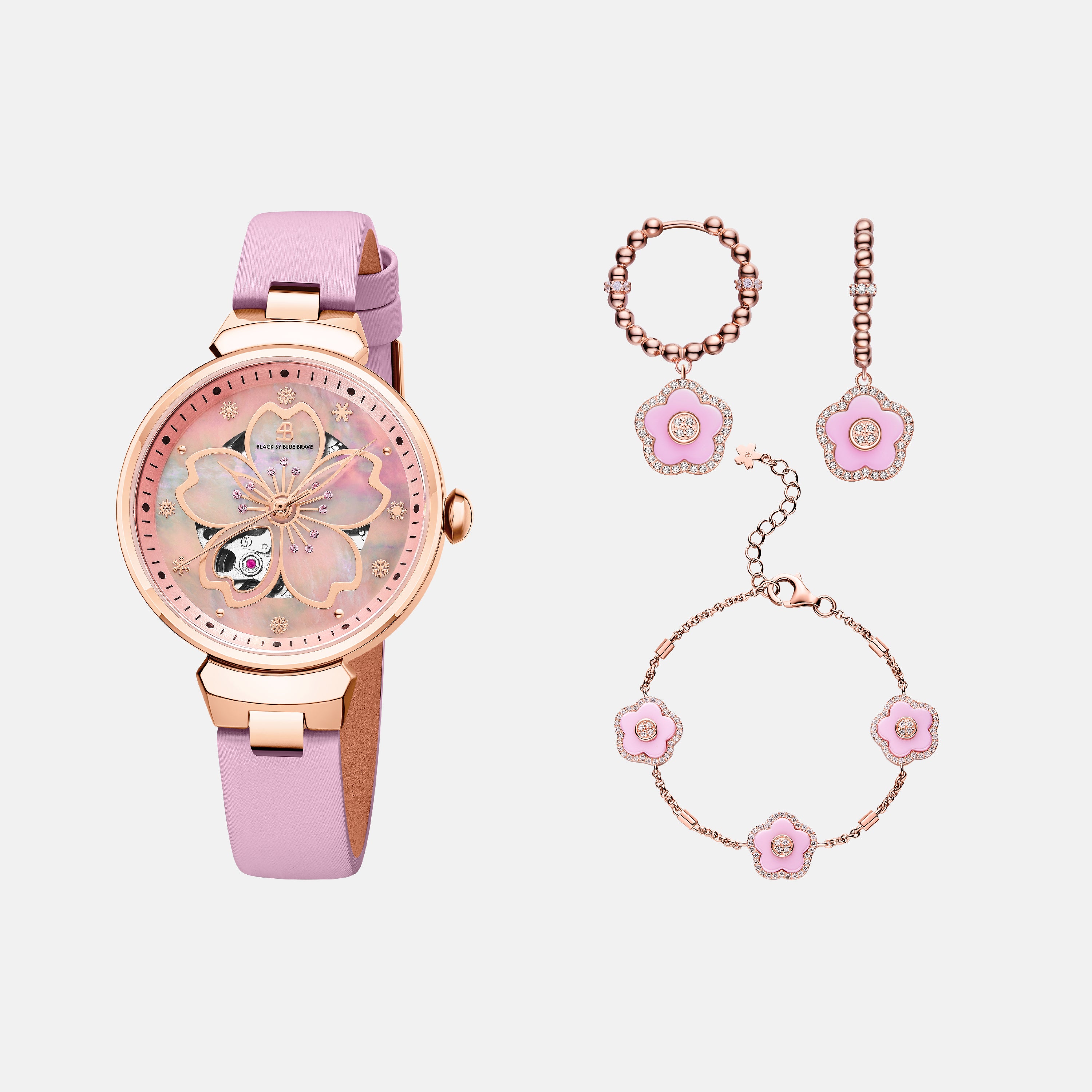 PINK CHERRY BLOSSOM 36MM AUTOMATIC WATCH & FLOWER CERAMIC  JEWELLERIES（EARRINGS & BRACELET）