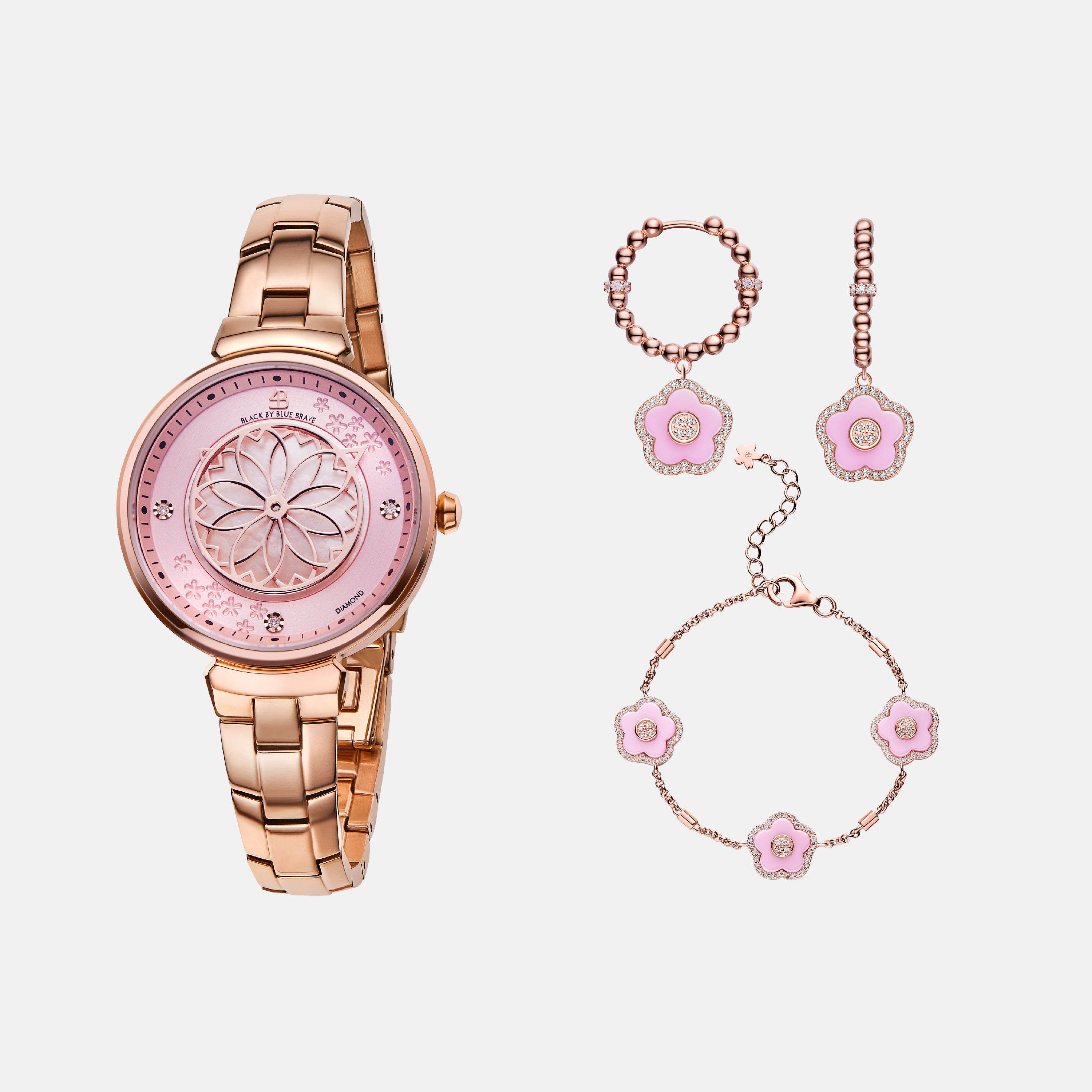 PINK CHERRY BLOSSOM WATCH WITH FLOWER CERAMIC JEWELLERIES（EARRINGS & BRACELET）