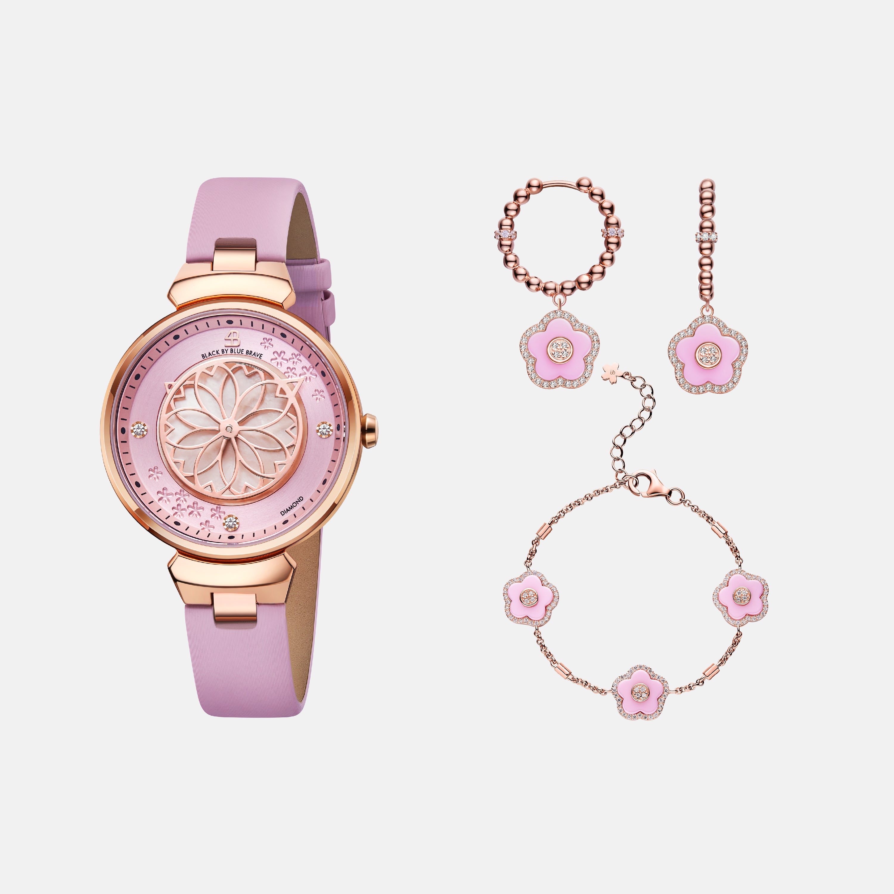 PINK CHERRY BLOSSOM WATCH WITH FLOWER CERAMIC  JEWELLERIES（EARRINGS & BRACELET）