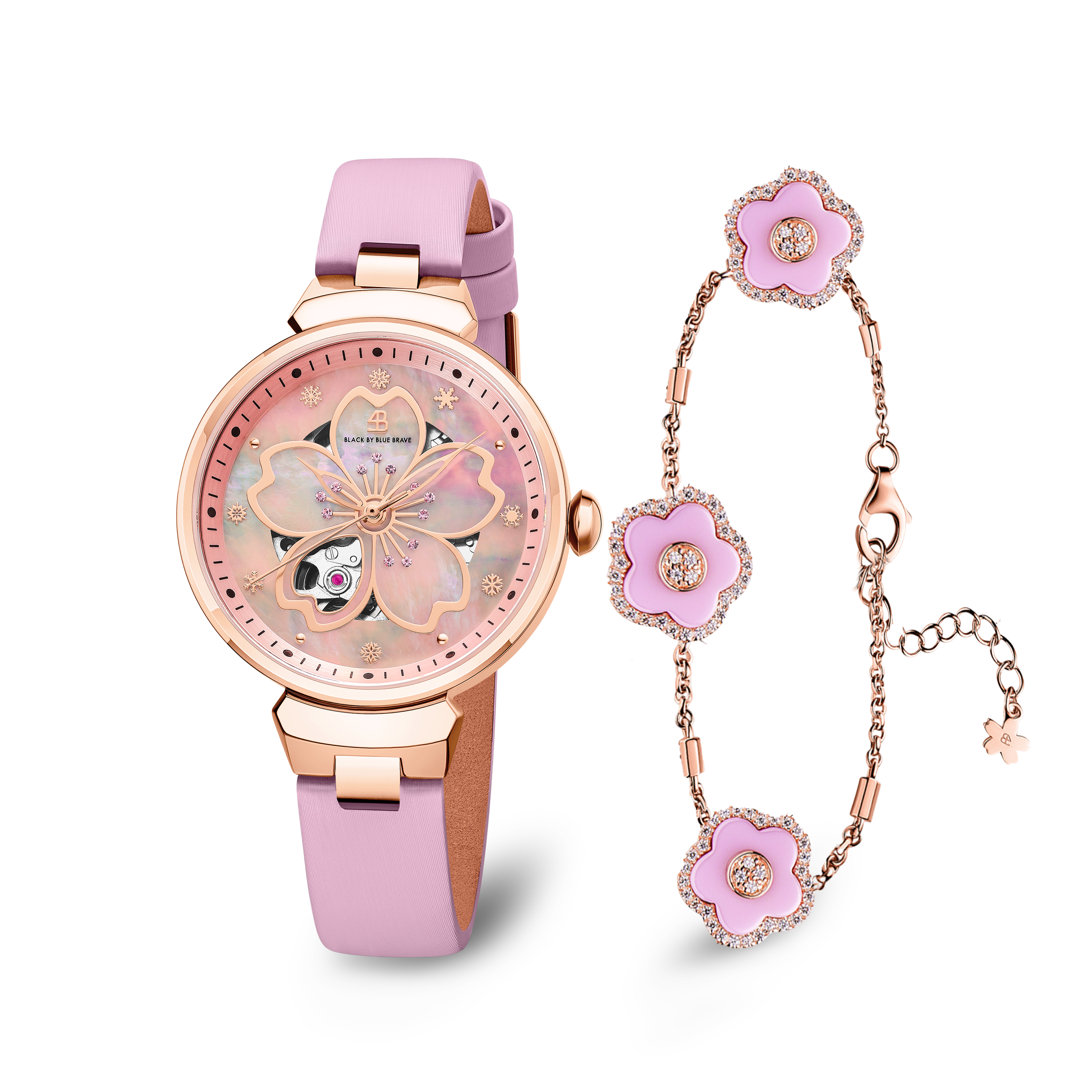 Pink Cherry Blossom Automatic Watch With Ceramic Flowers Bracelet - BLACK BY BLUE BRAVE