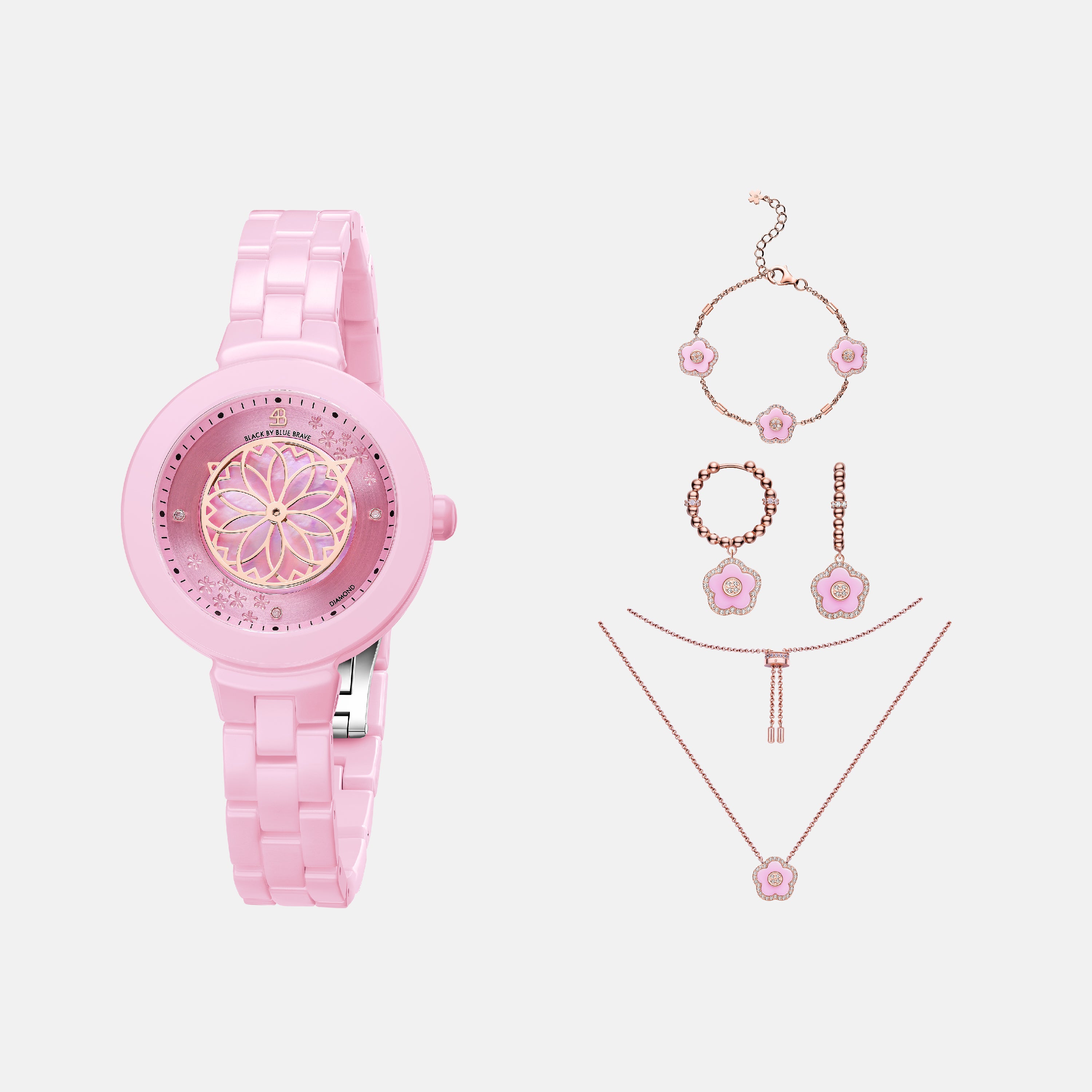 PINK DIAMOND CHERRY BLOSSOM CERAMIC WATCH WITH FLOWER CERAMIC JEWELLERIES (EARRINGS & NECKLACE & BRACELET)