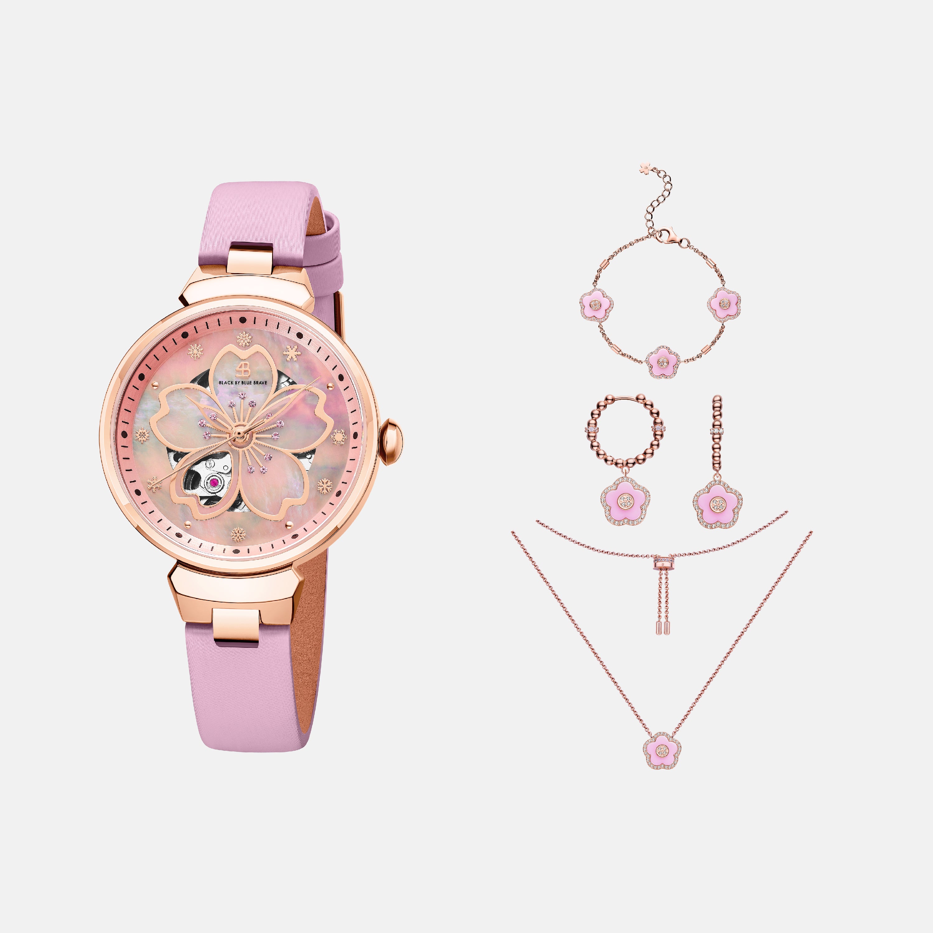 BLUE CHERRY BLOSSOM 36MM AUTOMATIC WATCH & FLOWER CERAMIC  JEWELLERIES（EARRINGS & BRACELET & NECKLACE）