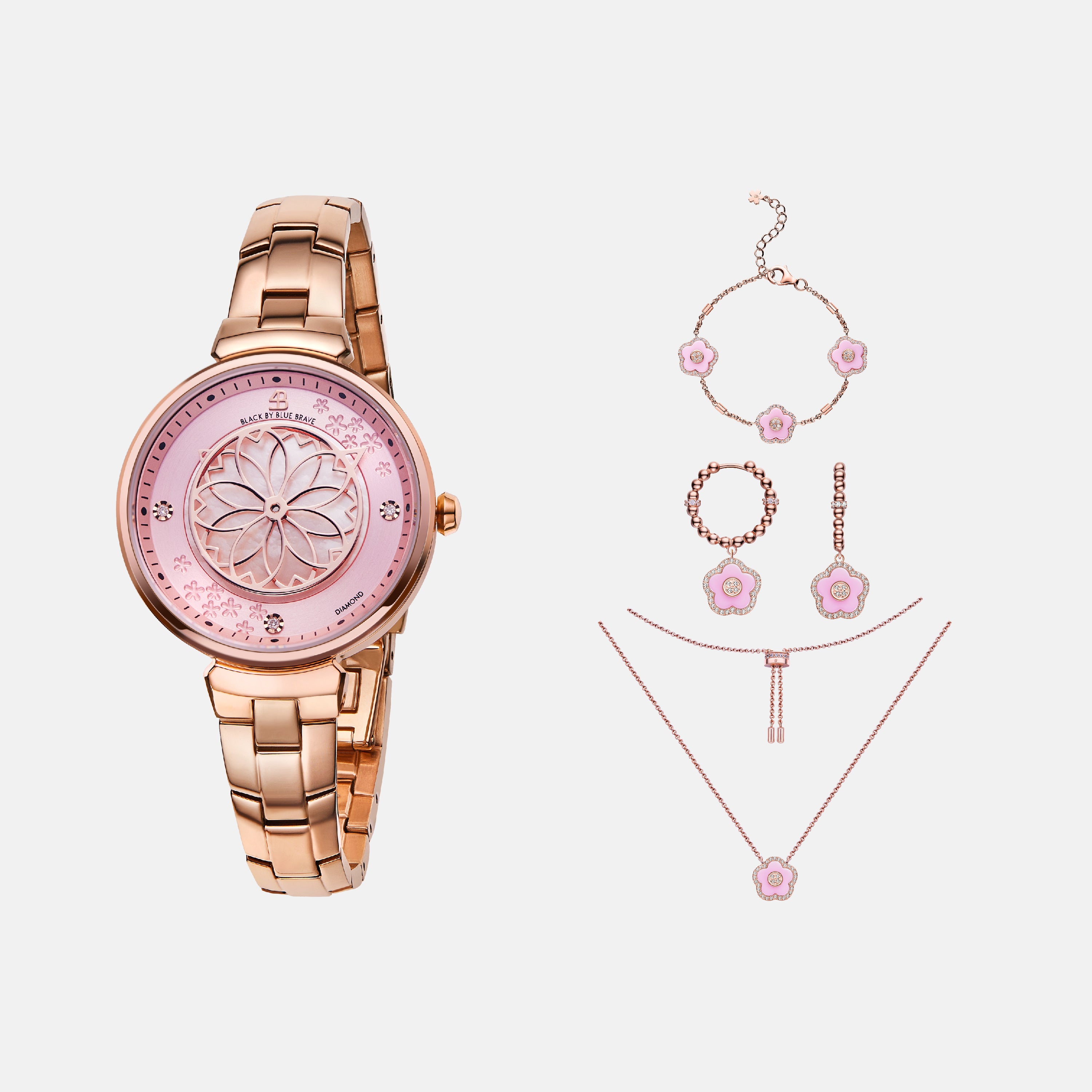 BLUE CHERRY BLOSSOM WATCH WITH FLOWER CERAMIC JEWELLERIES（EARRINGS & BRACELET & NECKLACE）