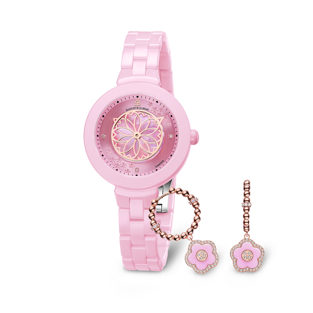 Pink Cherry Blossom Ceramic Watch With Pink Ceramic Flowers Earrings