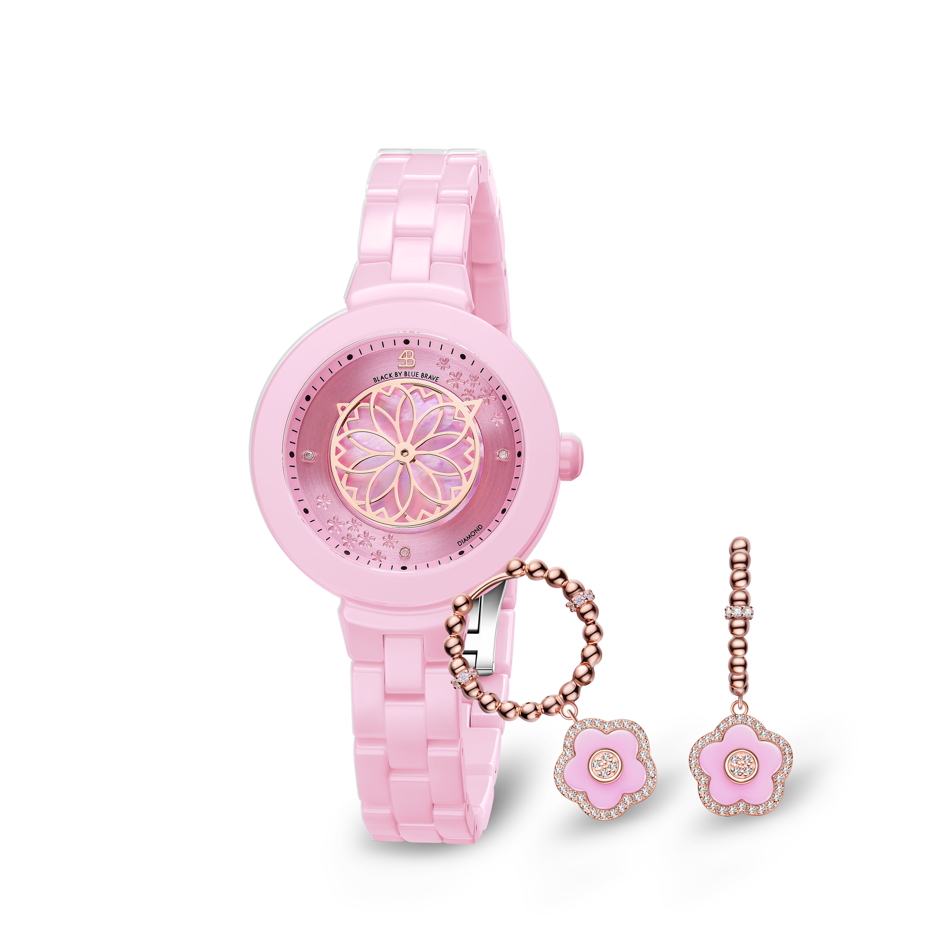 Pink Cherry Blossom Ceramic Watch With Pink Ceramic Flowers Earrings - BLACK BY BLUE BRAVE