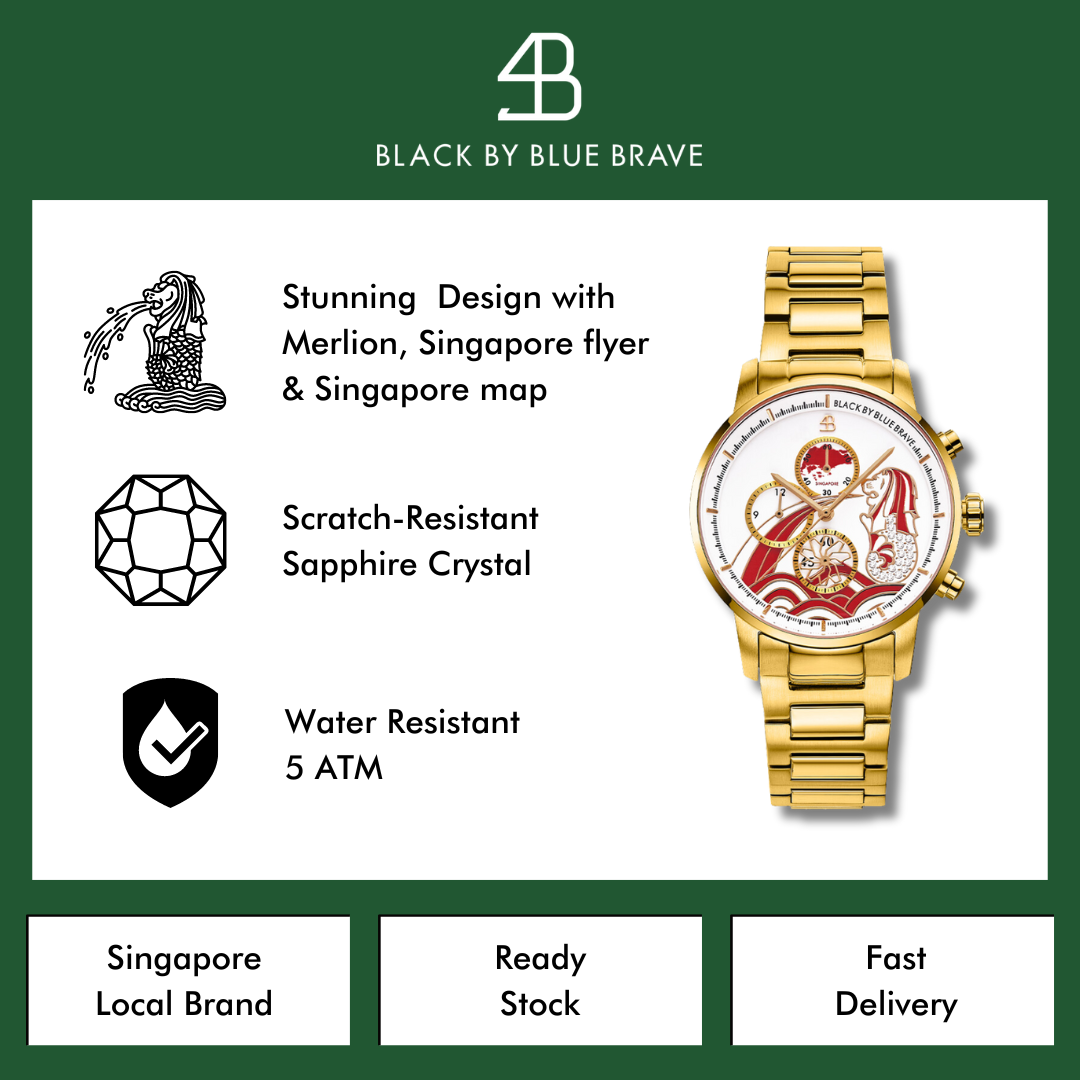 MERLION WATCH (GOLD WITH RED ACCENTS) - BLACK BY BLUE BRAVE