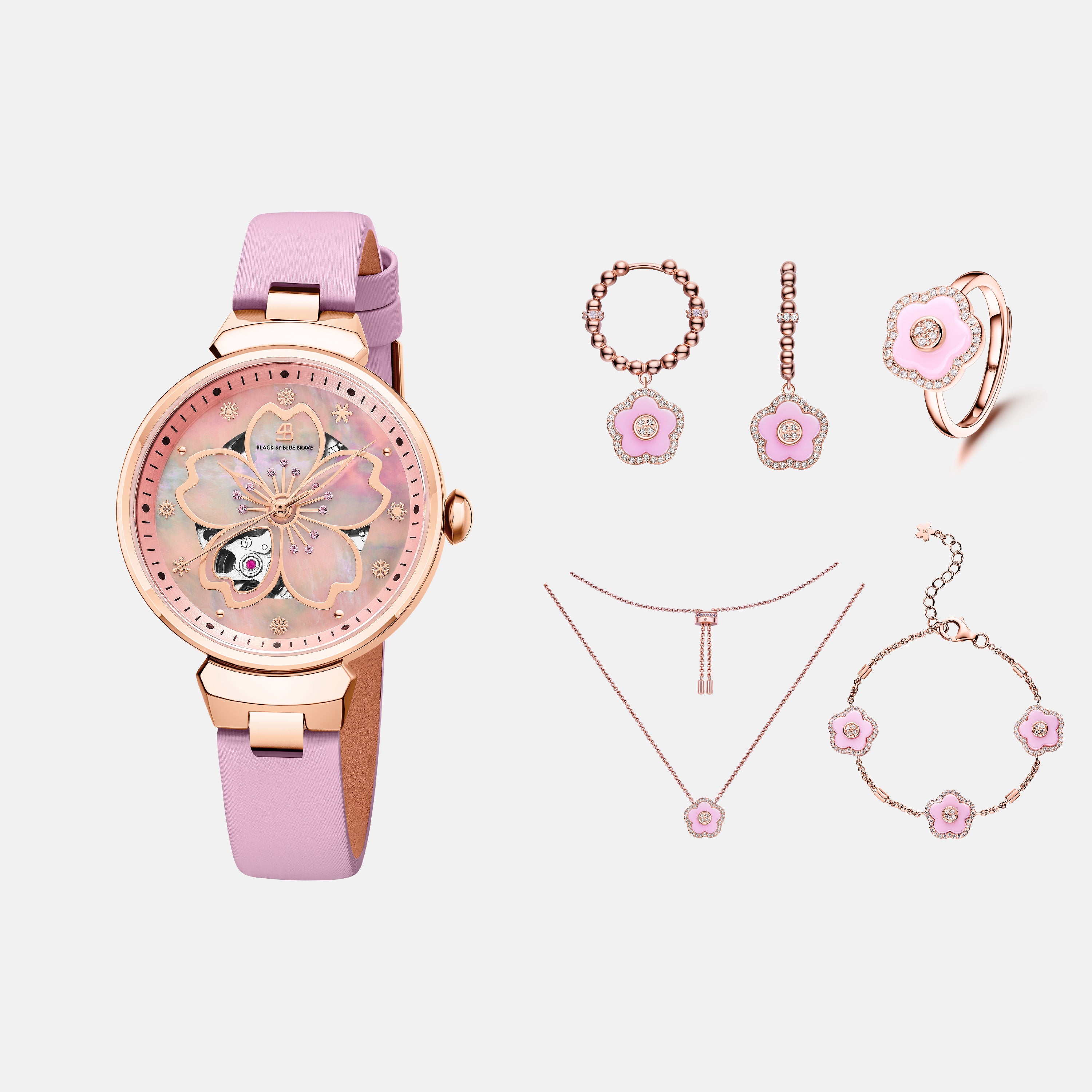 Cherry Blossom Automatic + Flower Ceramic Earrings & Ring & Necklace & Bracelet Set