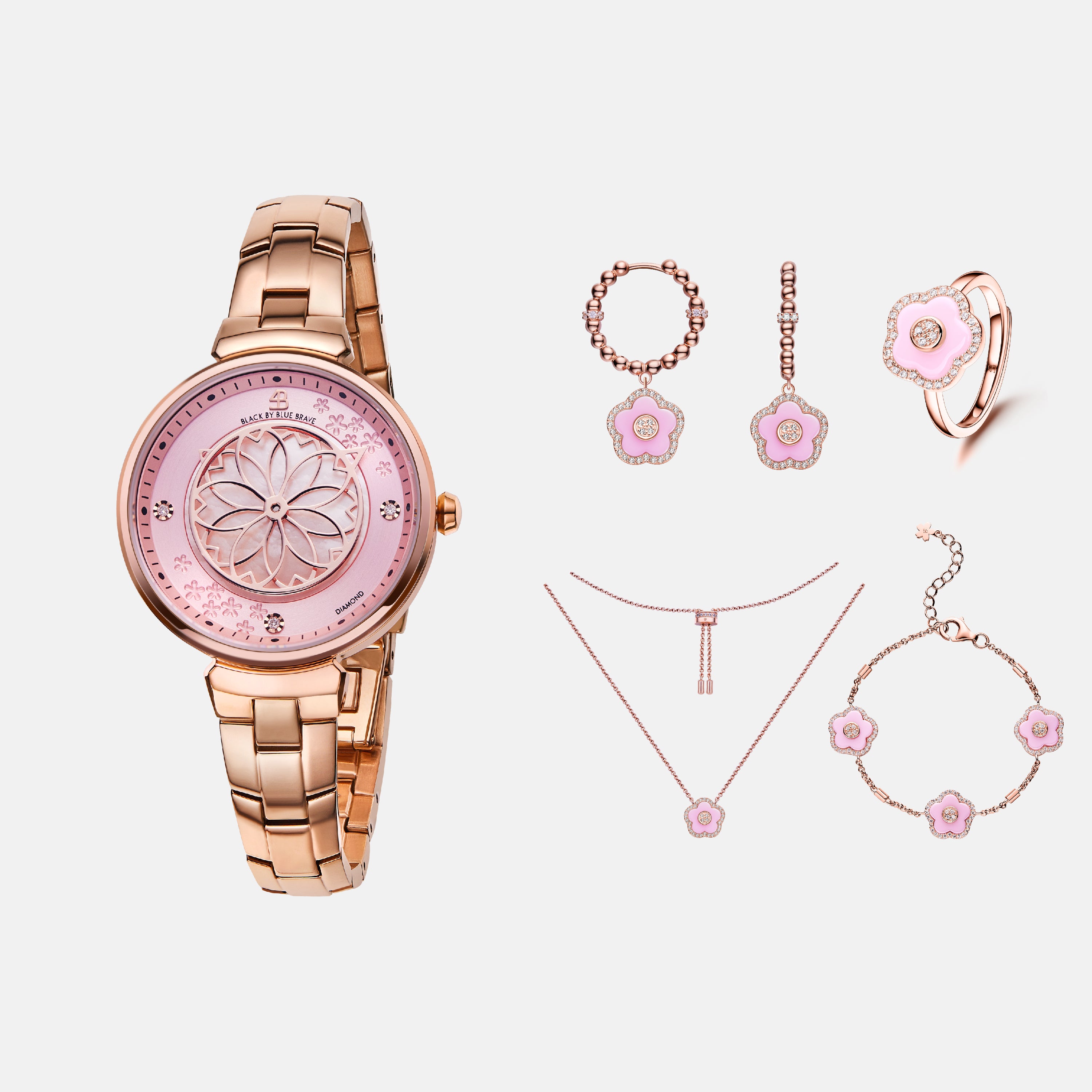 PINK CHERRY BLOSSOM WATCH WITH FLOWER CERAMIC JEWELLERIES（EARRINGS & BRACELET & NECKLACE & RING）