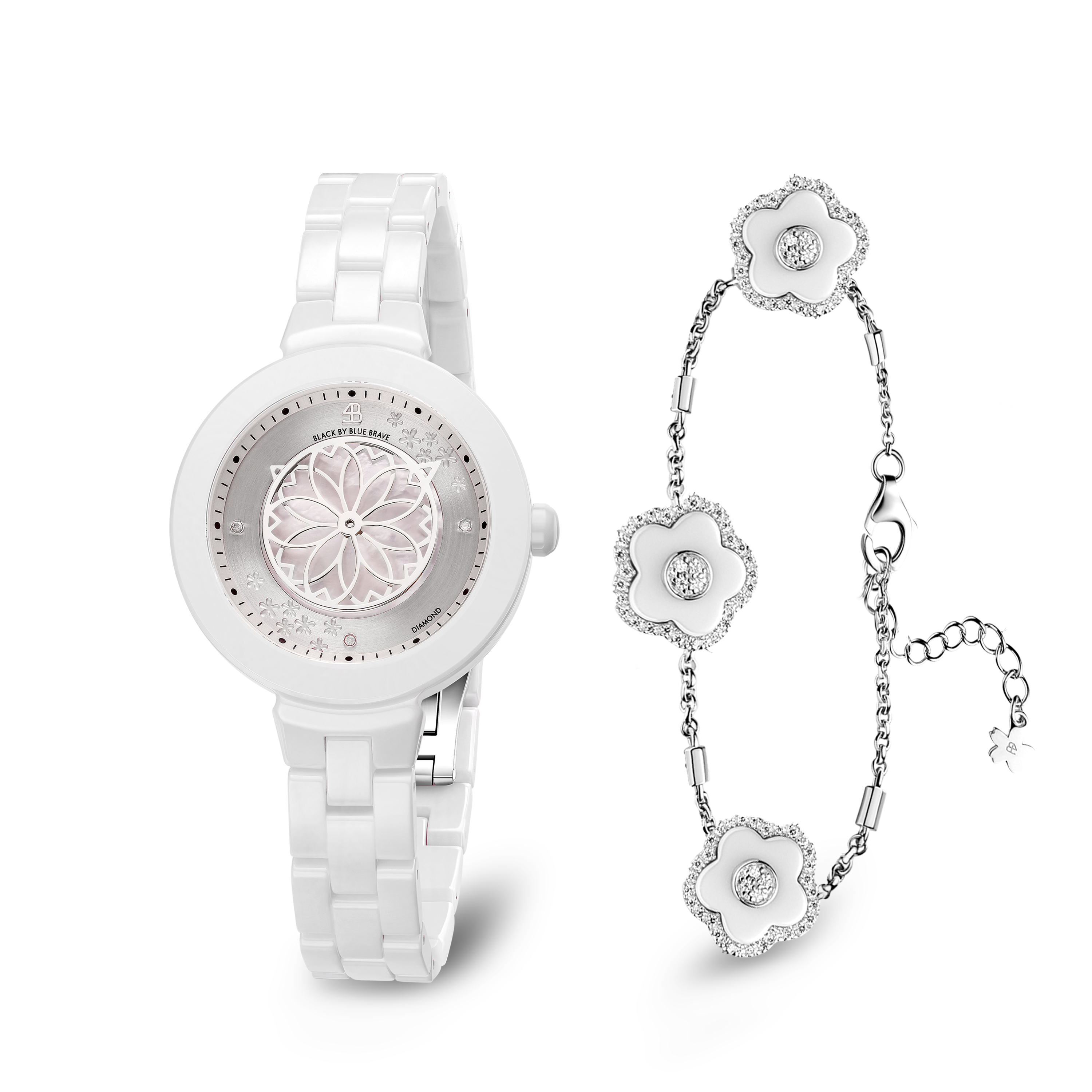 White Cherry Blossom Ceramic Watch With White Ceramic Flowers Bracelet - BLACK BY BLUE BRAVE