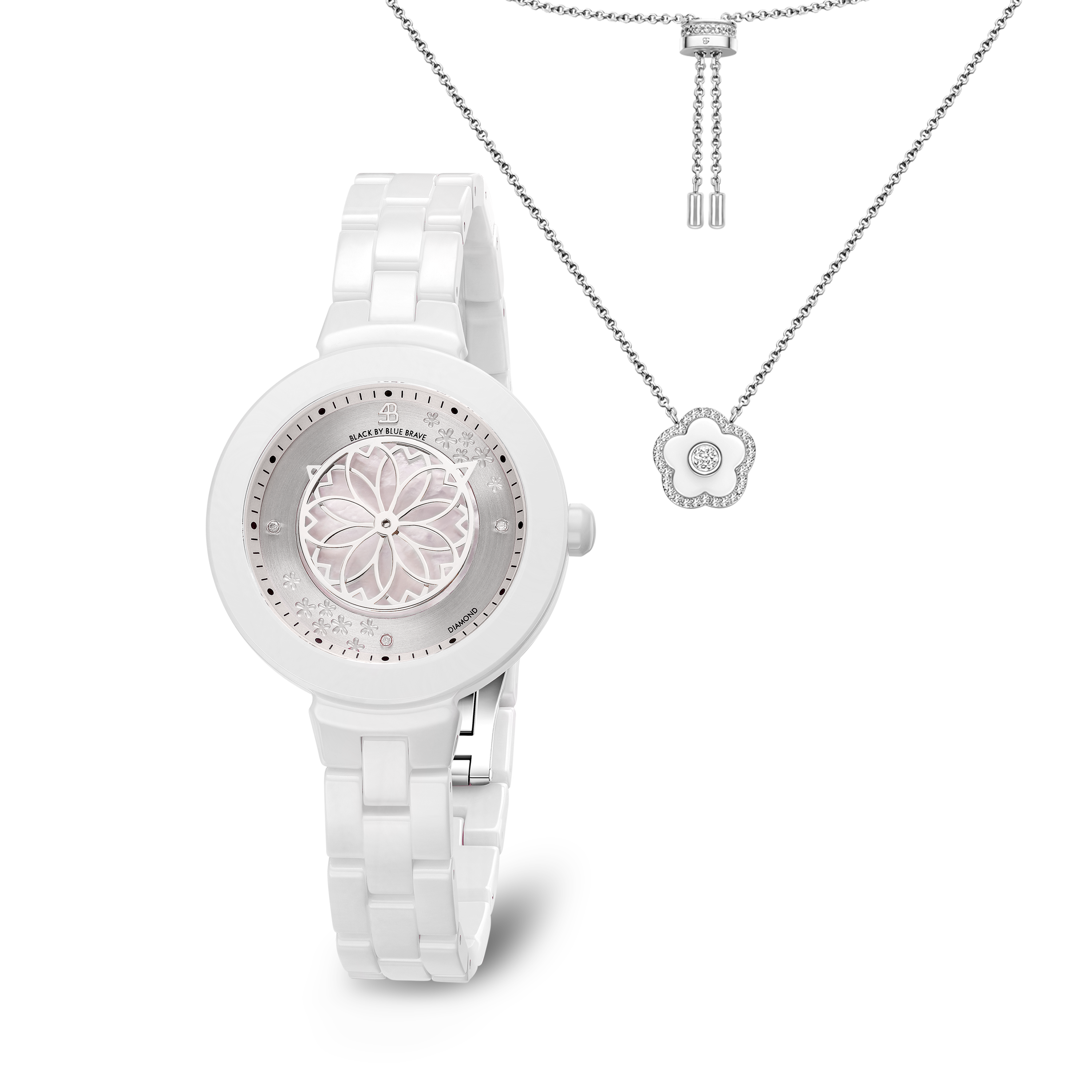 White Cherry Blossom Ceramic Watch With White Ceramic Flowers Necklace - BLACK BY BLUE BRAVE