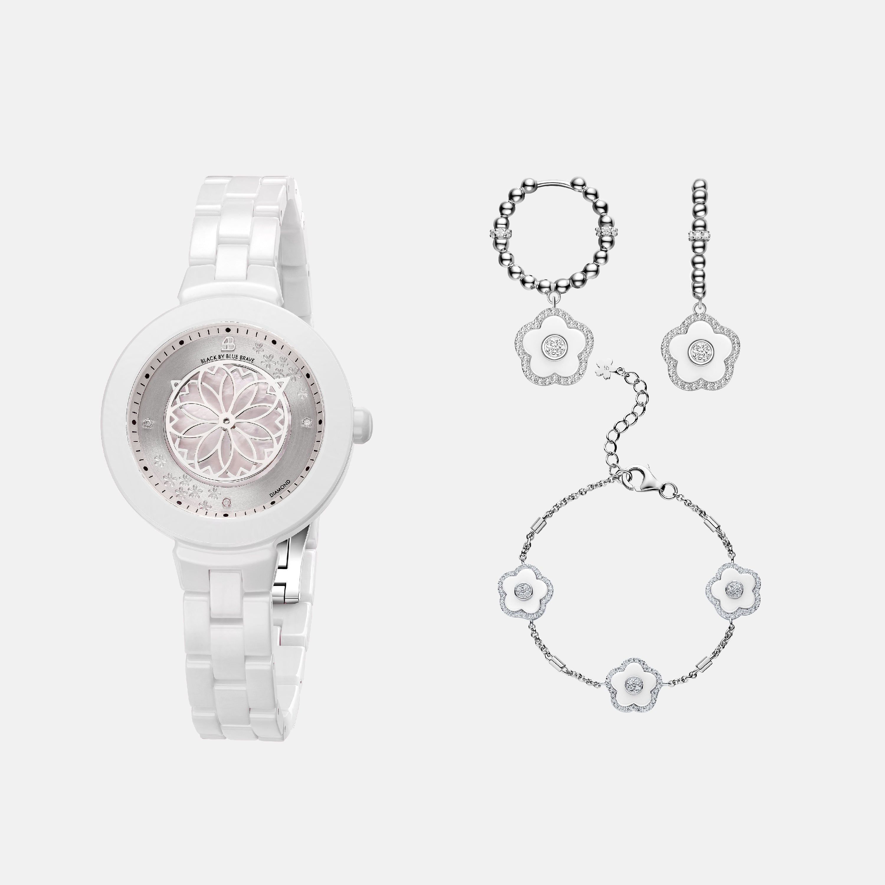 WHITE DIAMOND CHERRY BLOSSOM CERAMIC WATCH WITH FLOWER CERAMIC  JEWELLERIES（EARRINGS & BRACELET）