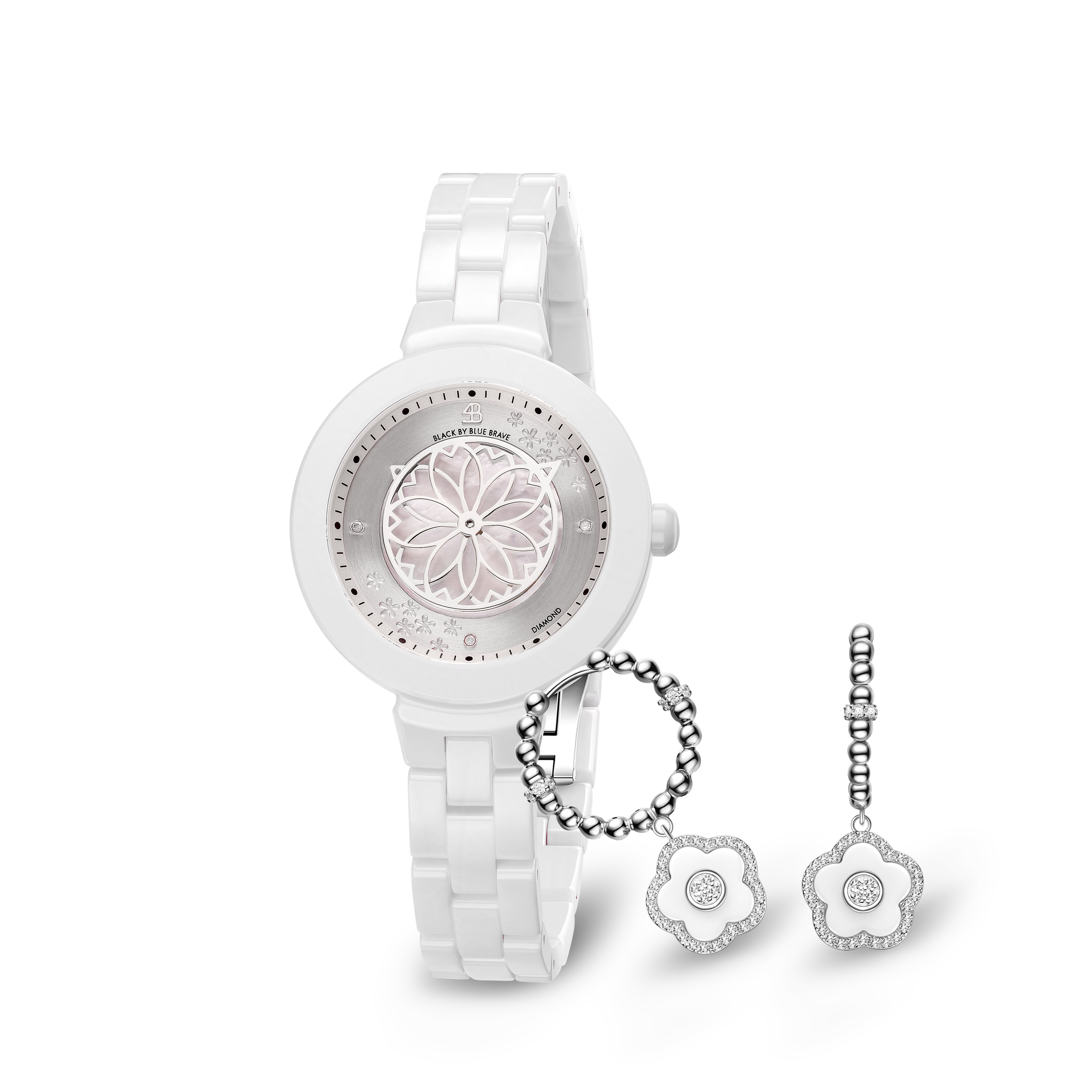 White Cherry Blossom Ceramic Watch With White Ceramic Flowers Earrings - BLACK BY BLUE BRAVE