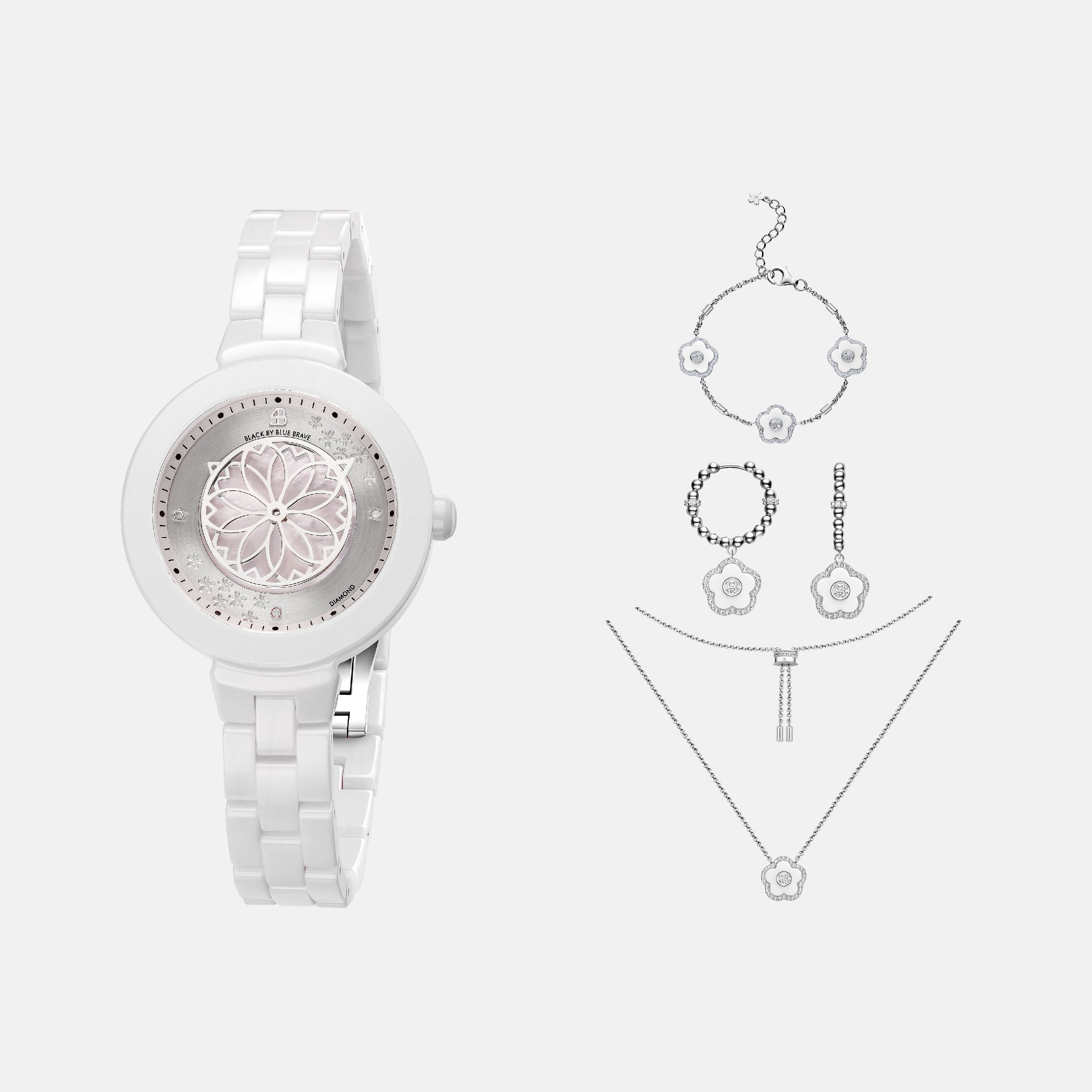 White Diamond Cherry Blossom Ceramic Watch With Flower Ceramic  Jewelleries（Earrings & Bracelet & Necklace）