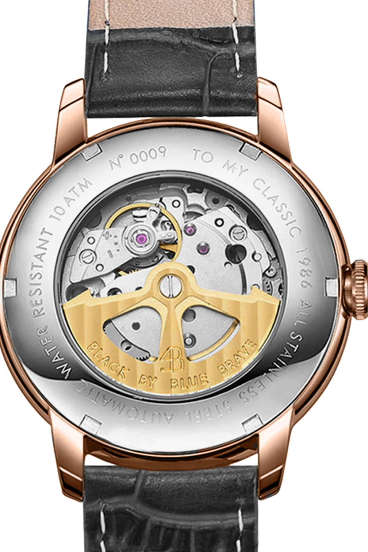 Classic 1986 Rose Gold Flinqué Salmon Arabic Dial Automatic Leather Watch