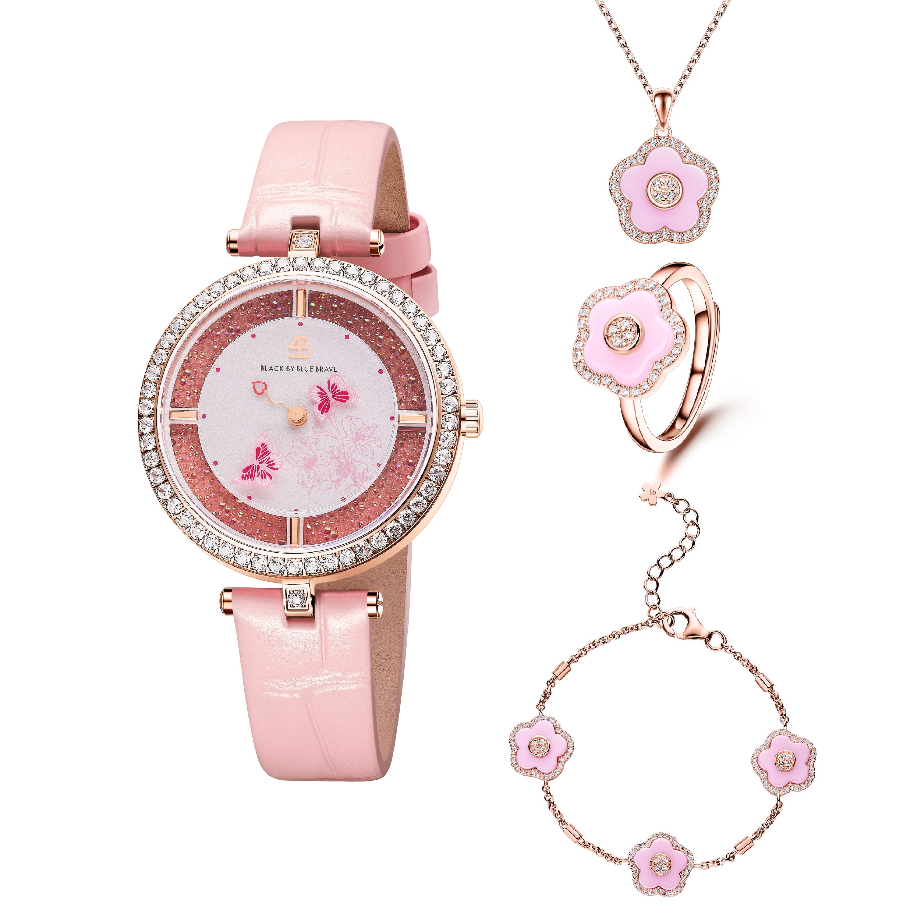 Pink Butterfly Lovers Watch With Flower Ceramic Jewelleries (Ring, Necklace and Bracelet)