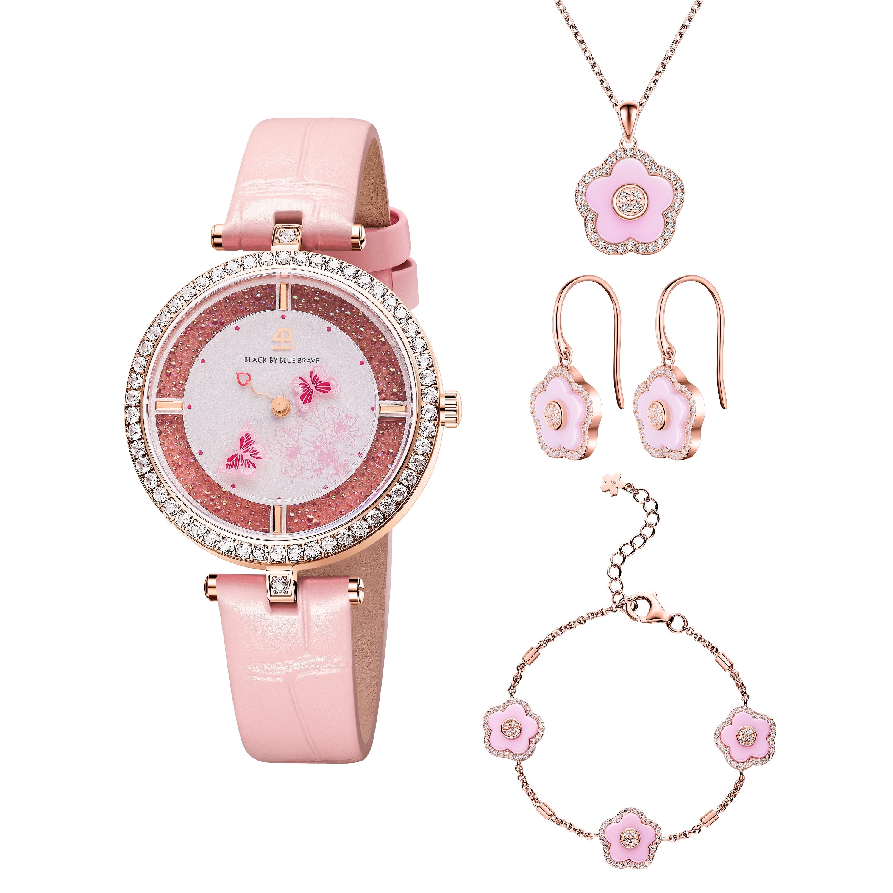 Pink Butterfly Lovers Watch With Flower Ceramic Jewelleries (Earrings, Necklace and Bracelet)
