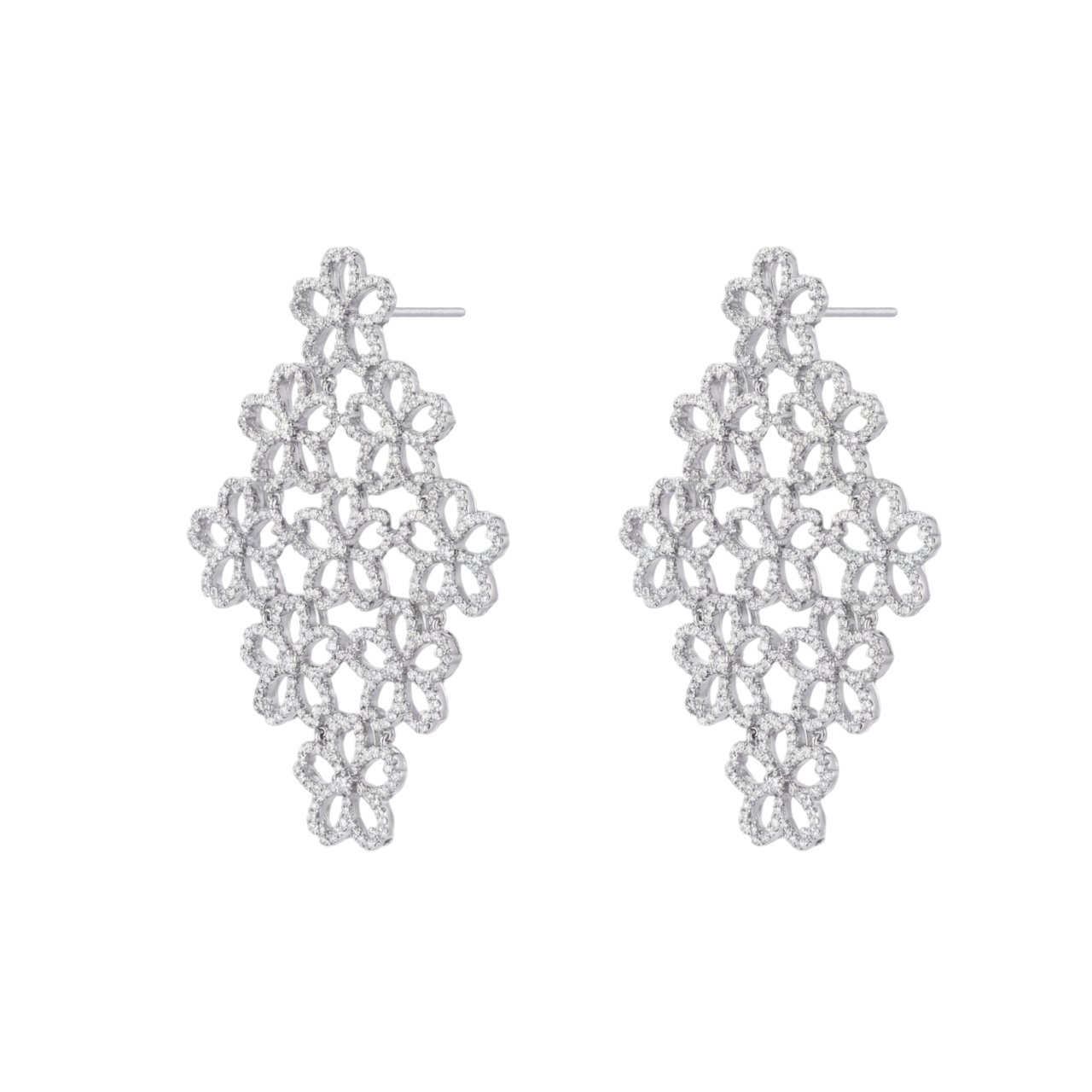 Cherry Blossom Cascade 9-Flower Sakura Zirconia Silver Earrings (Platinum Plated)