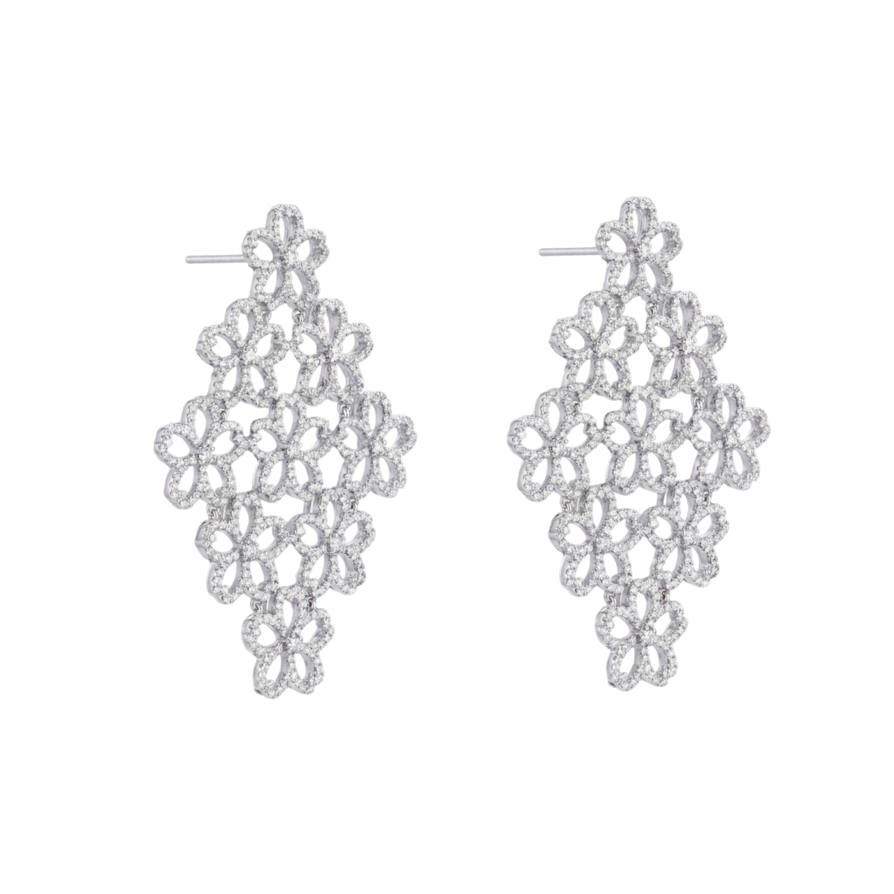 Cherry Blossom Cascade 9-Flower Sakura Zirconia Silver Earrings (Platinum Plated)