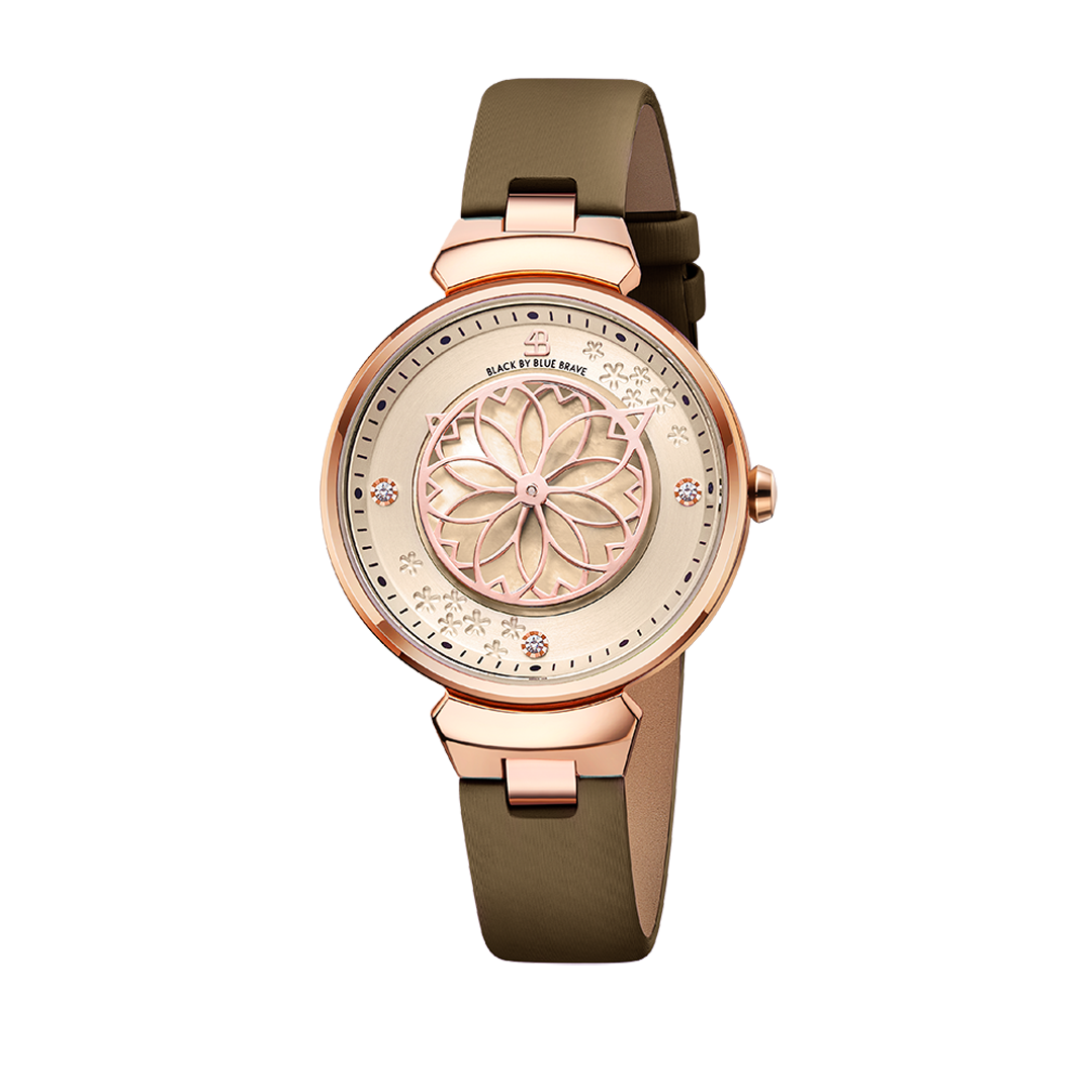 Cherry Blossom Champagne Mother Of Pearl Dial Sakura Petal Hand Leather Strap Watch