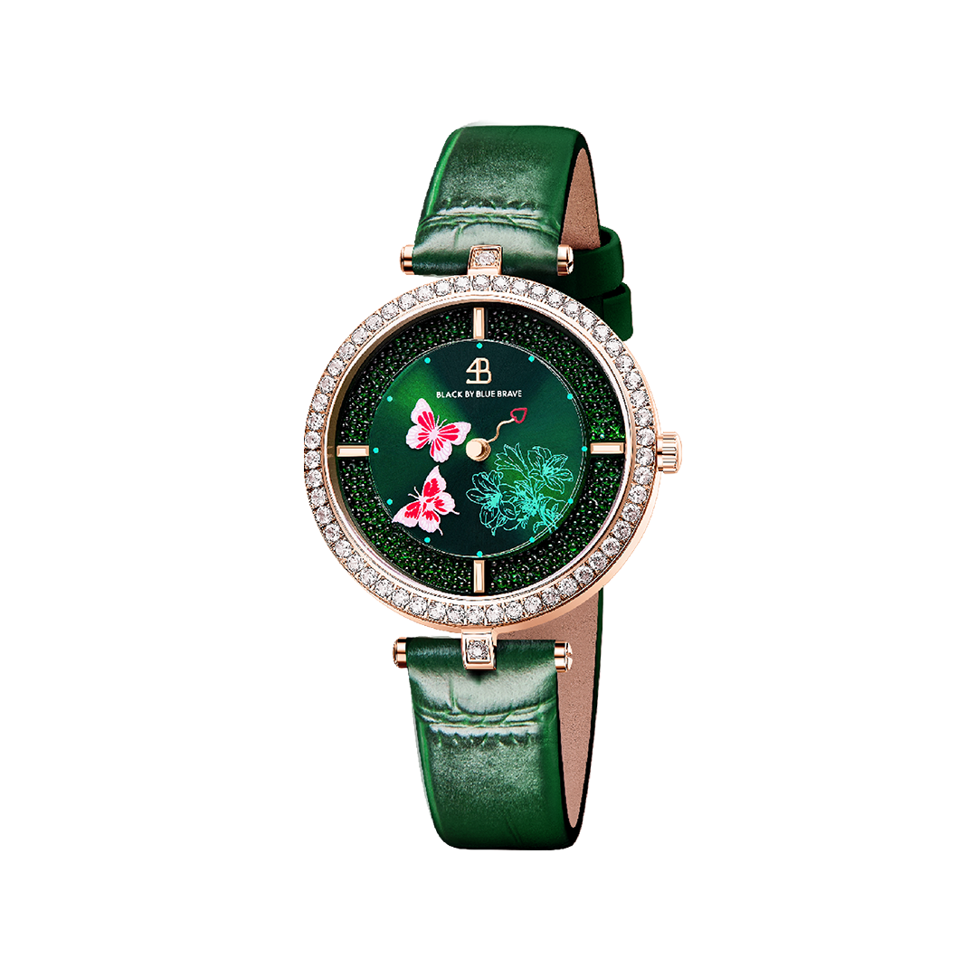 Butterfly Lovers 34mm Green Dial Moving Butterfly Hands Leather Strap Watch