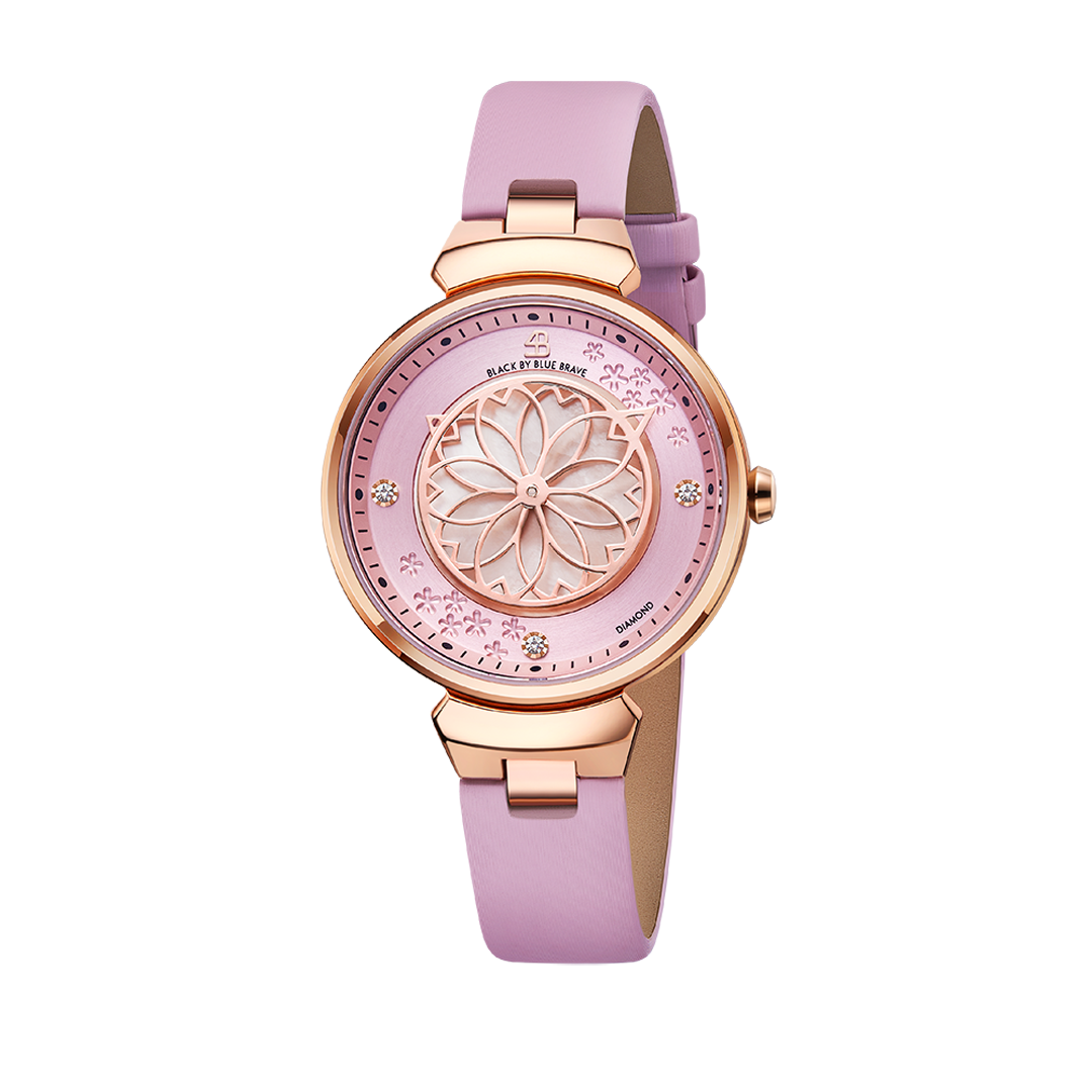 Cherry Blossom Pink Mother Of Pearl Dial Genuine Diamonds Sakura Petal Hand Leather Strap Watch
