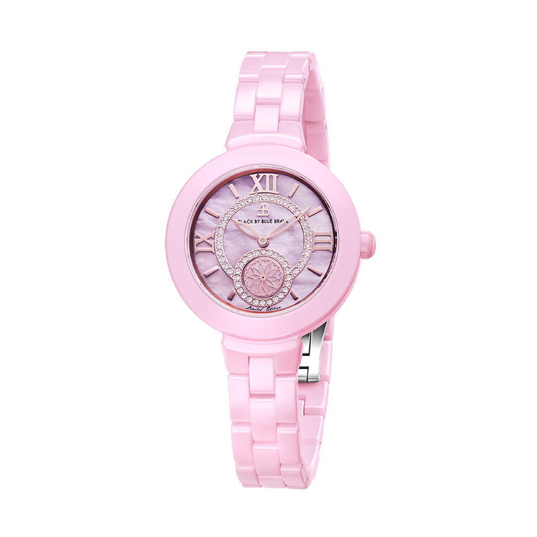 Cherry Blossom 34mm Pink Mother Of Pearl Dial Roma Numeral Ceramic Watch - BLACK BY BLUE BRAVE