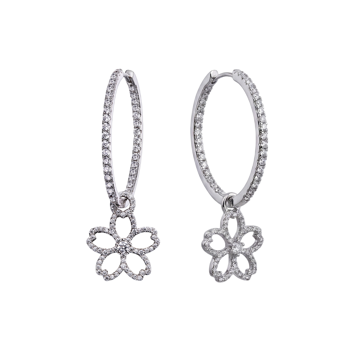 Cherry Blossom Cascade 20mm Sakura Flower Zirconia Silver Earrings (Platinum Plated)