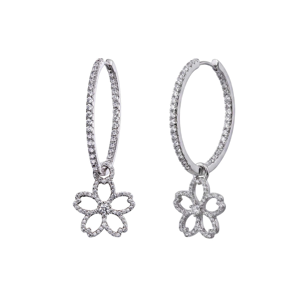 Cherry Blossom Cascade 20mm Sakura Flower Zirconia Silver Earrings (Platinum Plated)