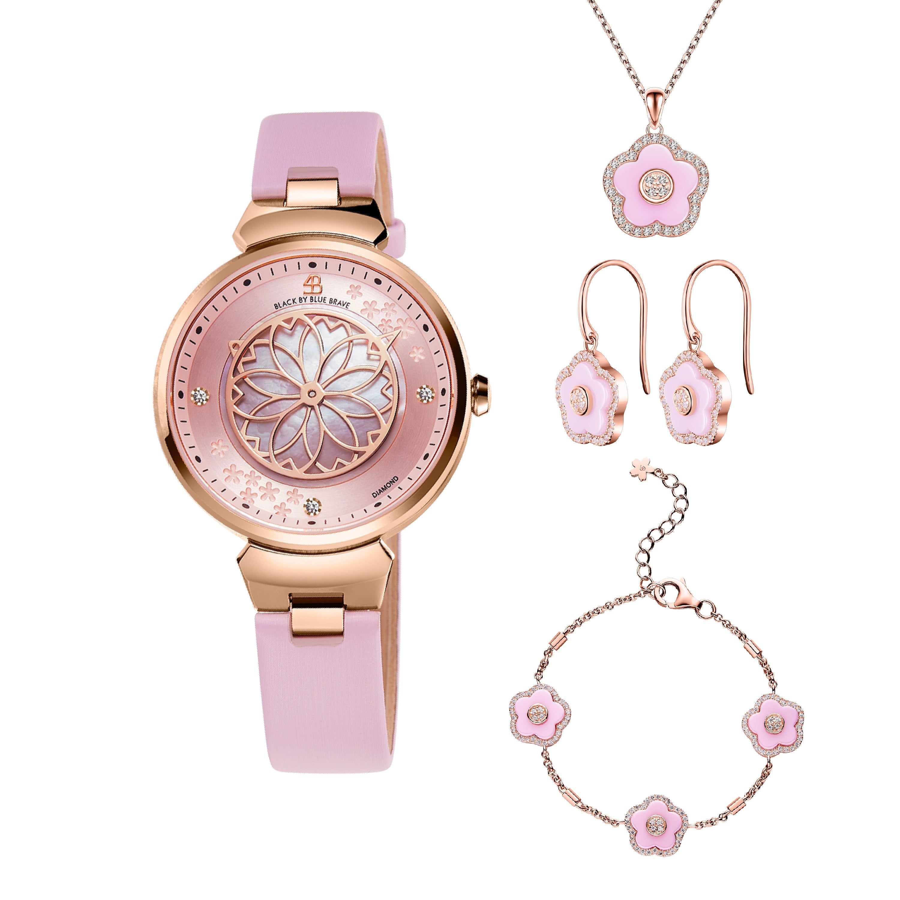Pink Cherry Blossom Watch With Flower Ceramic Jewelleries (Earrings, Necklace and Bracelet)