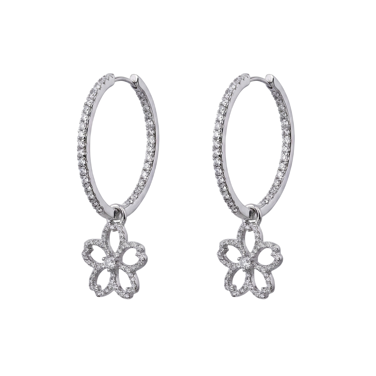 Cherry Blossom Cascade 20mm Sakura Flower Zirconia Silver Earrings (Platinum Plated)