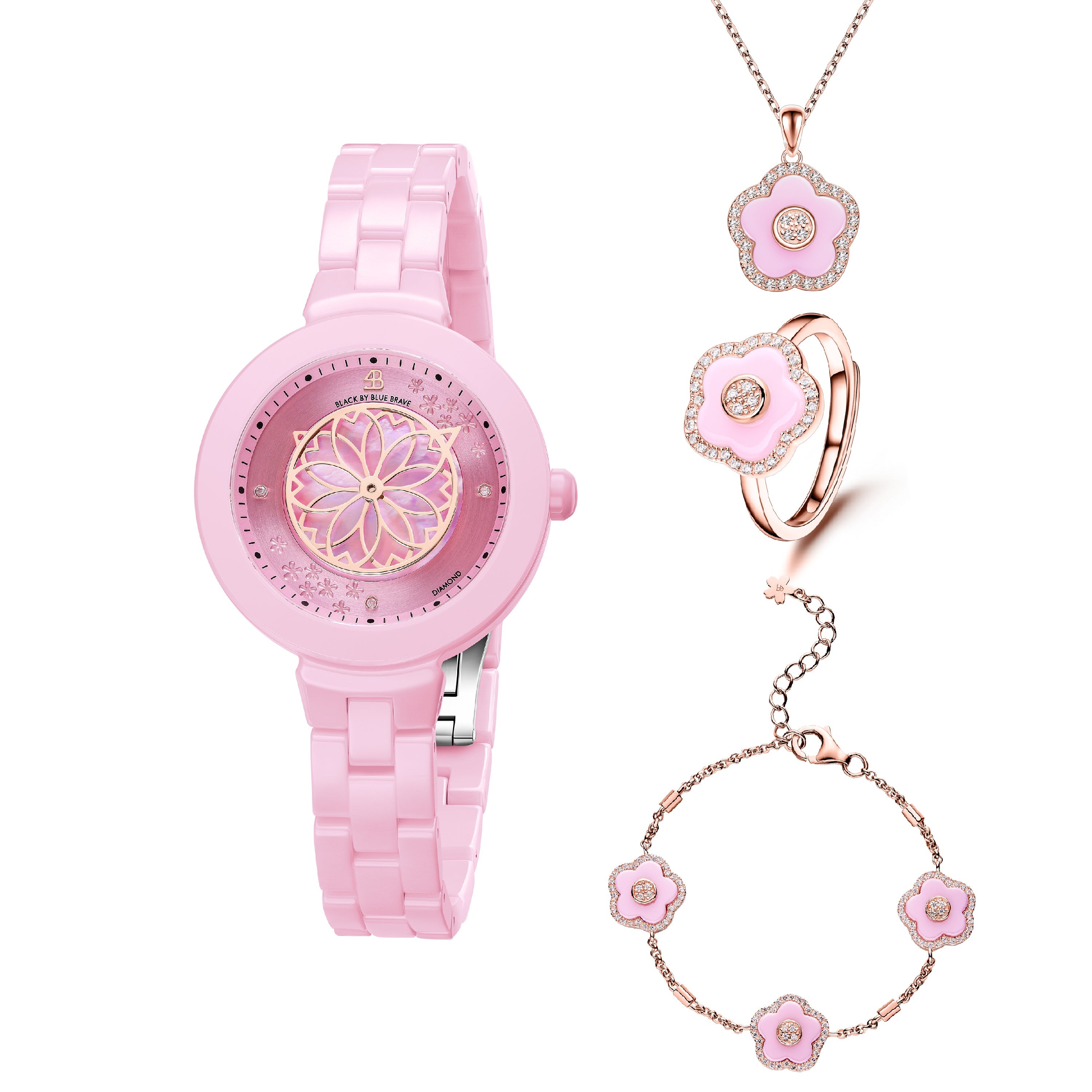 Pink Diamond Cherry Blossom Ceramic Watch With Flower Ceramic Jewelleries (Rings, Necklace and Bracelet )